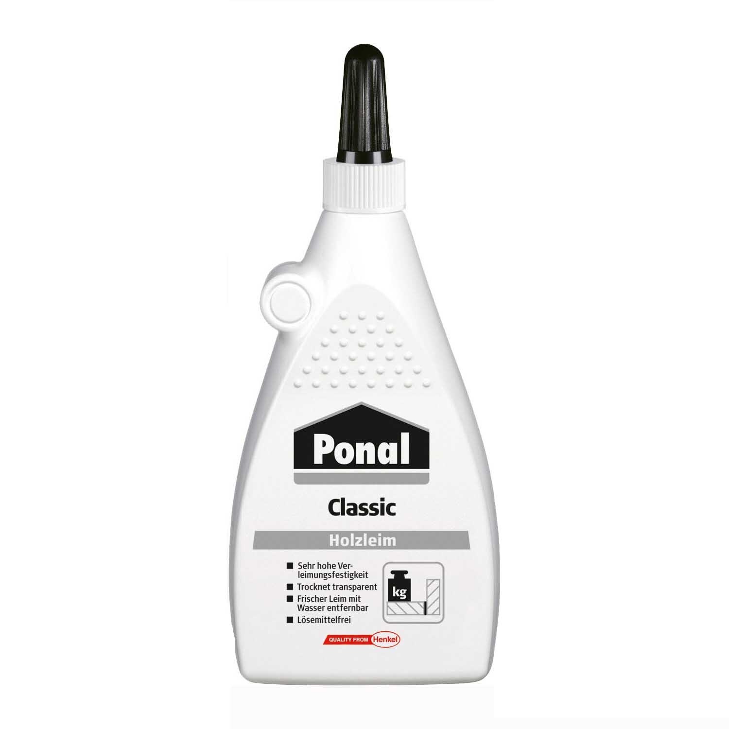 Classic Holzleim 225g von Ponal in weißer Flasche mit schwarzem Deckel, ideal für Holzarbeiten.