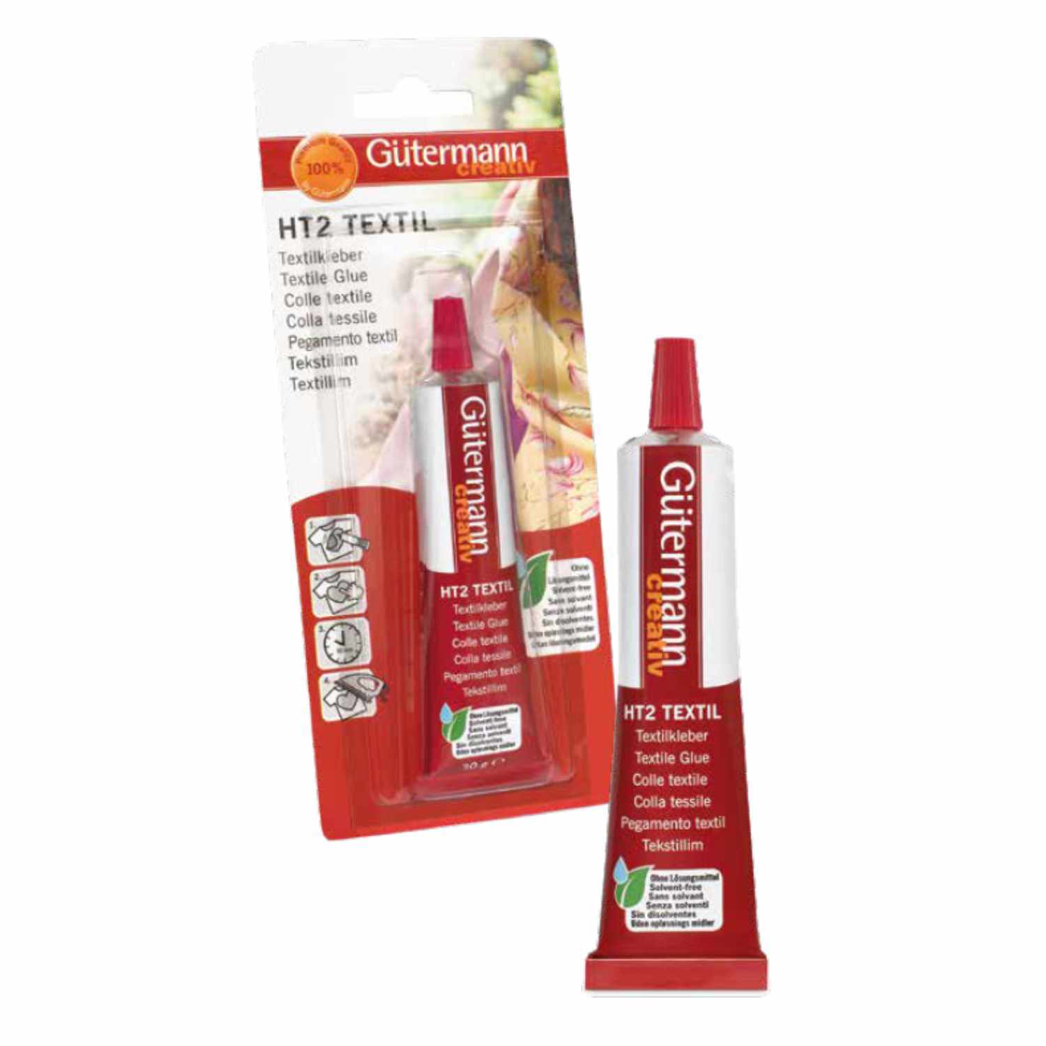 Textilkleber HT2 Tube á 30g von Gütermann, rote Tube vor Verpackung mit mehrsprachiger Beschriftung. Ideal für präzises Kleben von Textilien.