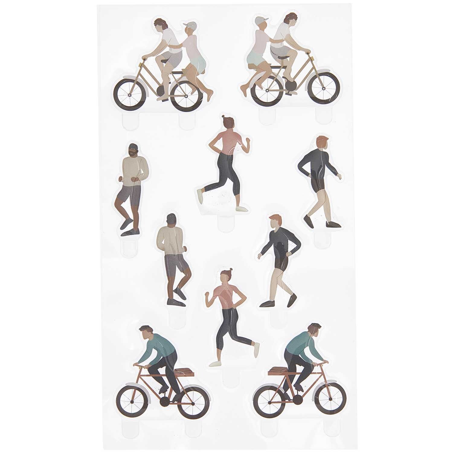 Figurico Gelsticker Radfahrer und Jogger zeigen stilisierte Figuren beim Sport in neutralen Farben.
