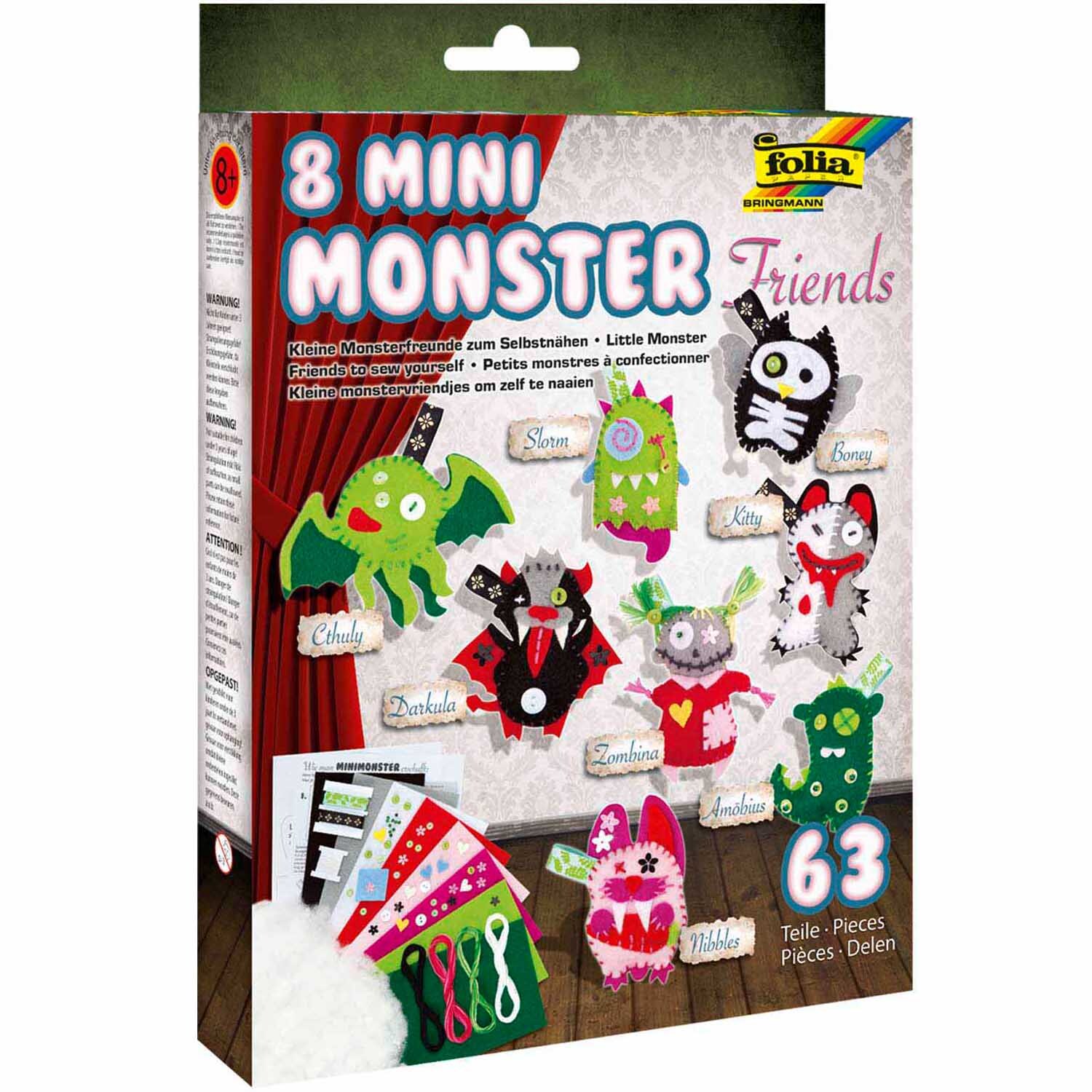 Bastelset Mini Monster für 8 Monster: Verpackung mit bunten Filzmonstern und Zubehör von folia.