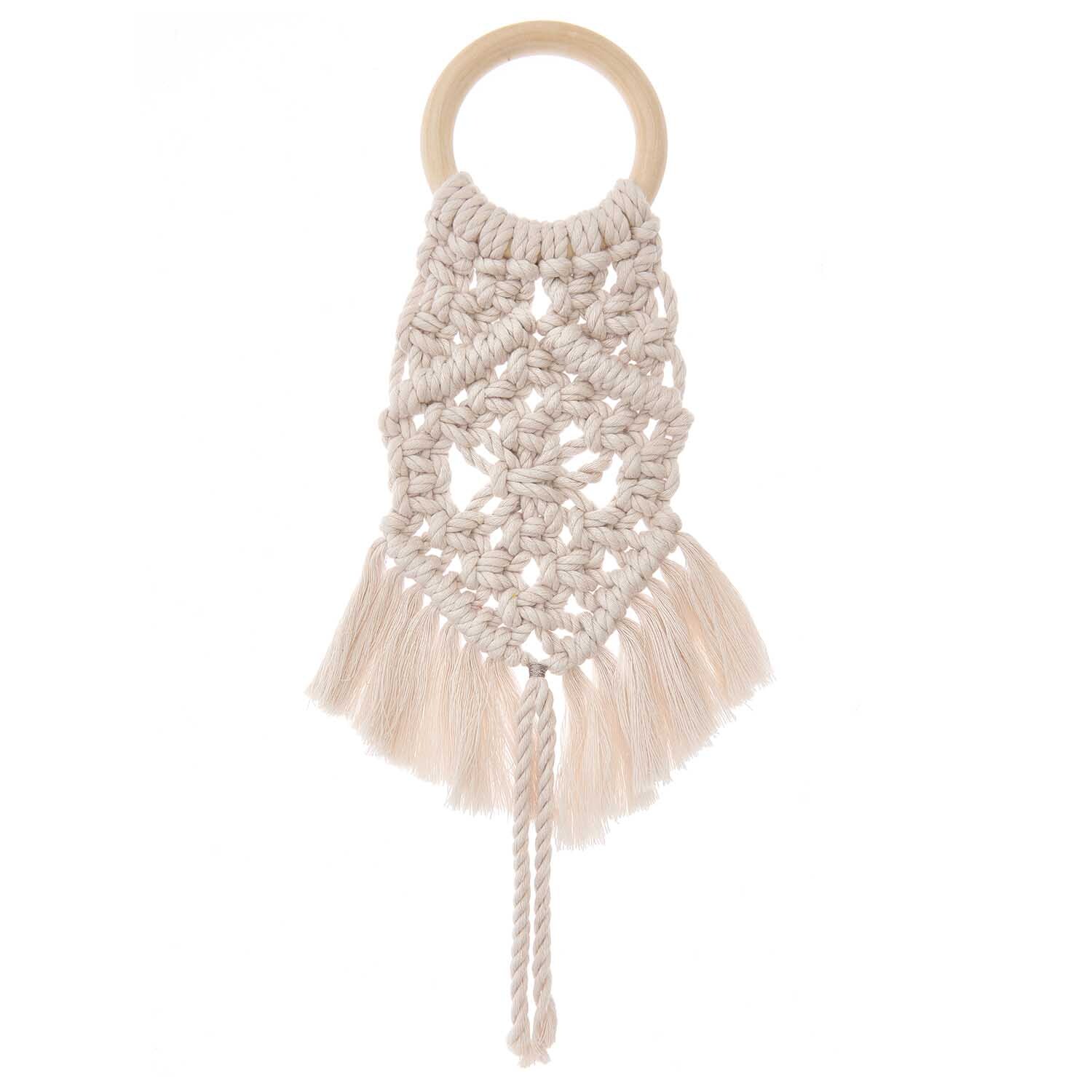 Makramee Set Mini Wandbehang I: Handgefertigter Wandbehang aus beigem Garn mit Holzring. Ideal für Boho-Dekor.