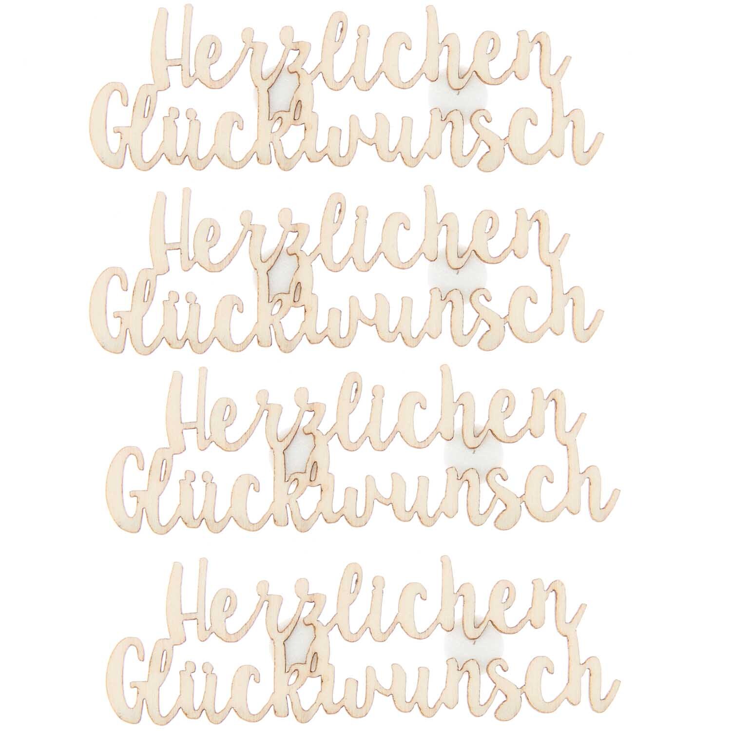 Holzsticker "Herzlichen Glückwunsch" von Rico Design, 70x23mm, 4 Stück, in natürlichem Holzton.