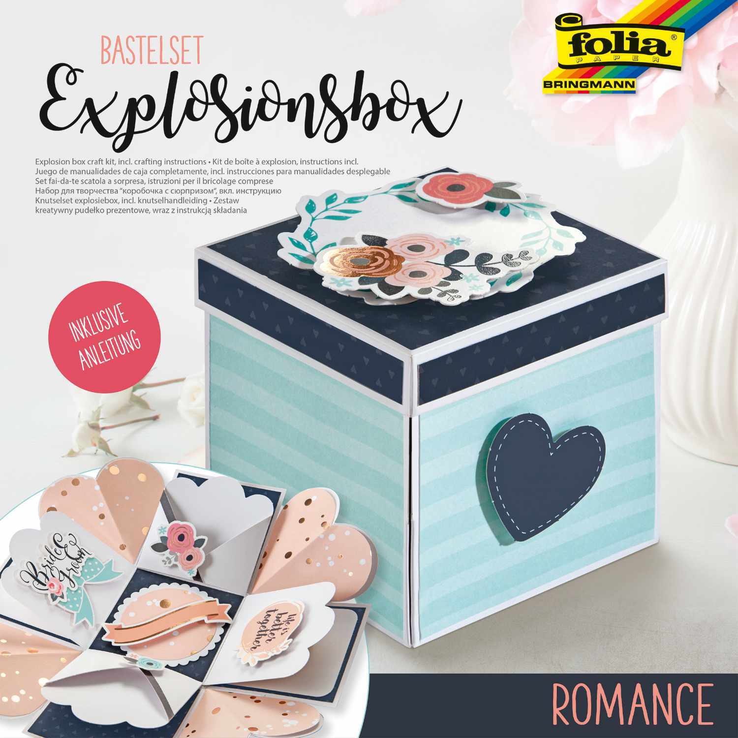 Explosionsbox Bastelset Romantik: Kreatives Set mit floralen Motiven, ideal für Geschenke. Marke: folia.
