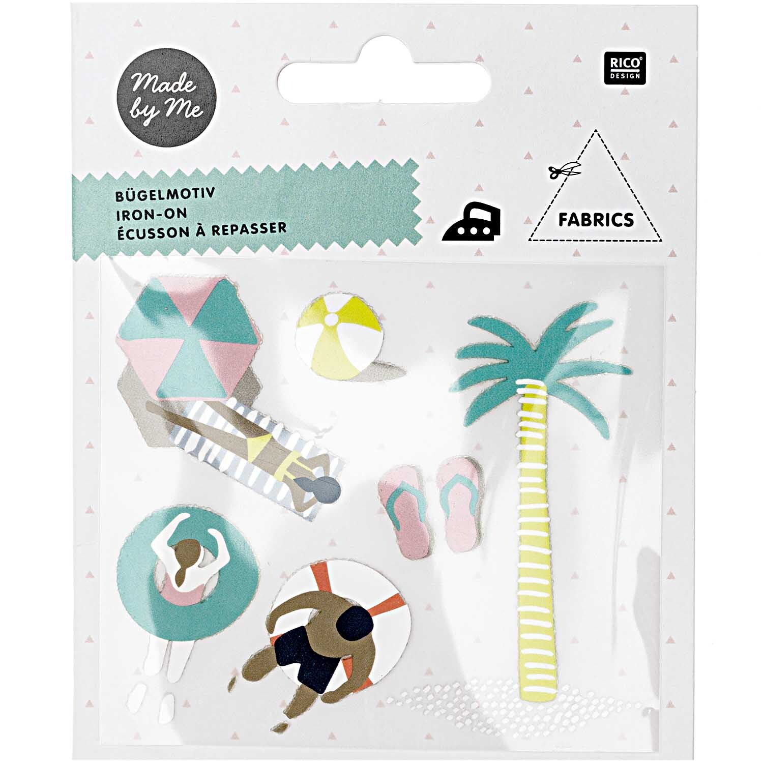Bügelmotivset Strand: Sechs bunte Bügelmotive von Rico Design mit Strandmotiven wie Palme und Sonnenschirm. Ideal für kreative Textilprojekte.