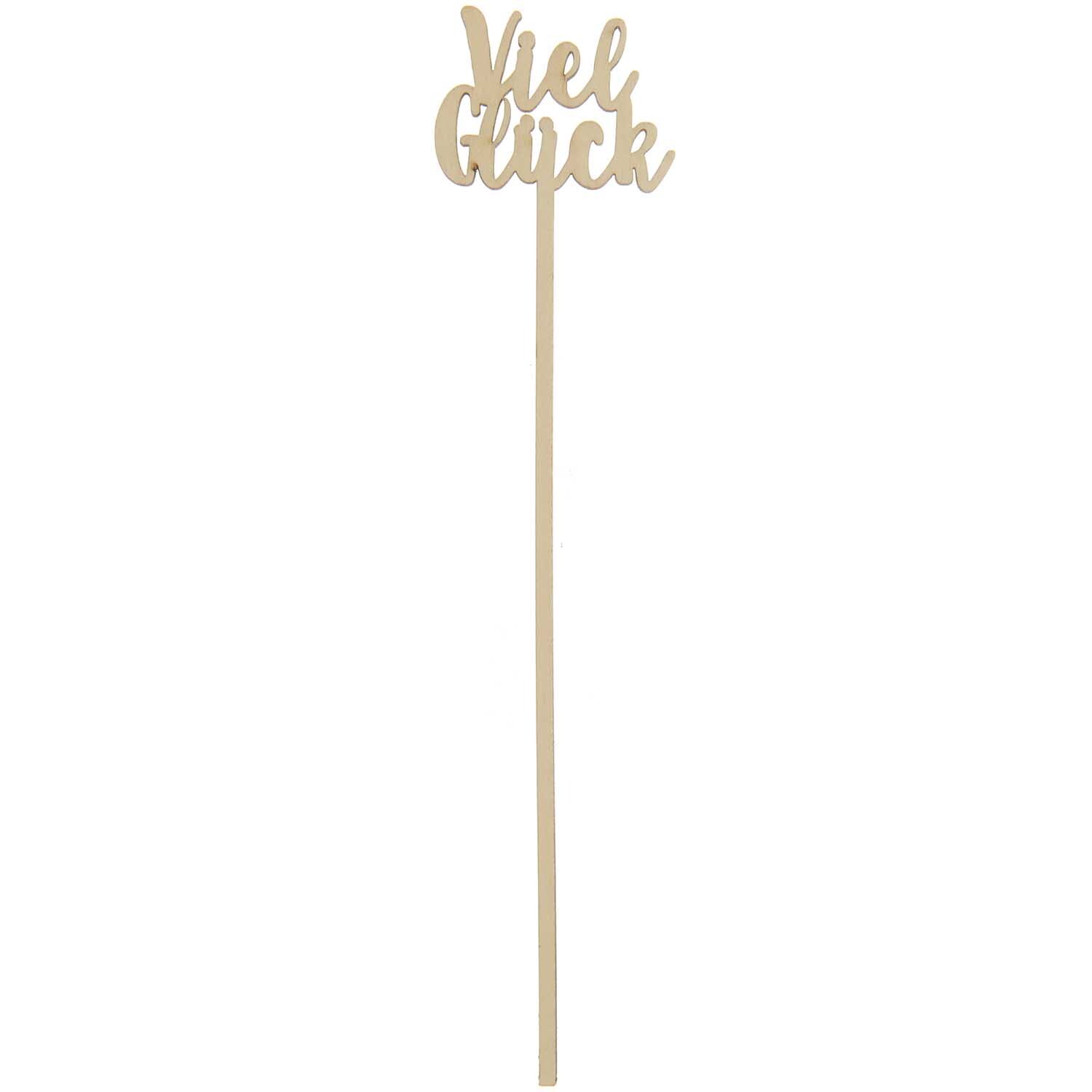 Holzpicker Viel Glück 24cm von Rico Design aus hellem Holz mit dekorativem Schriftzug. Ideal für kreative Dekorationen und Bastelprojekte.