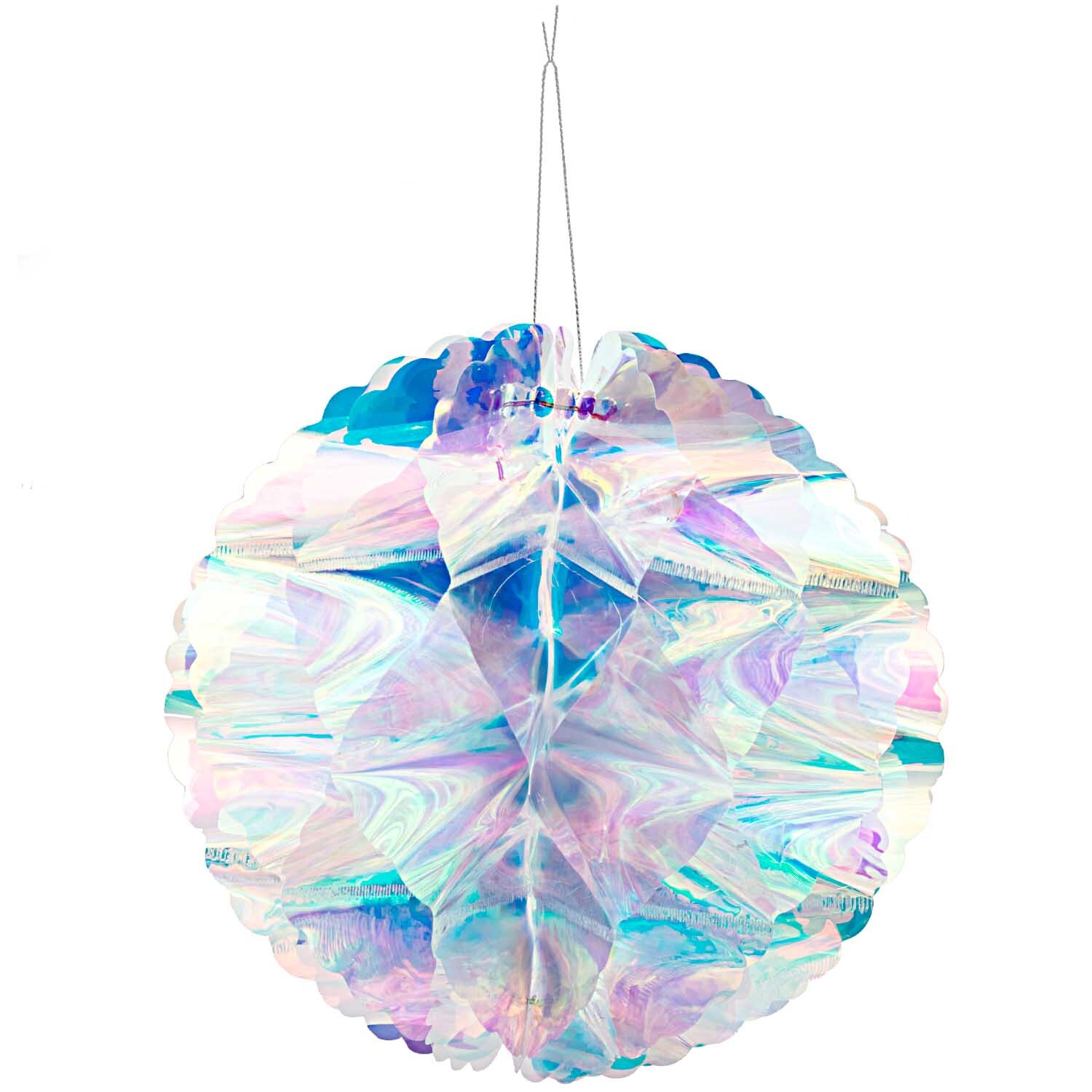Wabenball irisierend 19cm von Rico Design, schillernd in Pastelltönen, aufgehängt an einem dünnen Faden. Ideal für festliche Dekorationen.