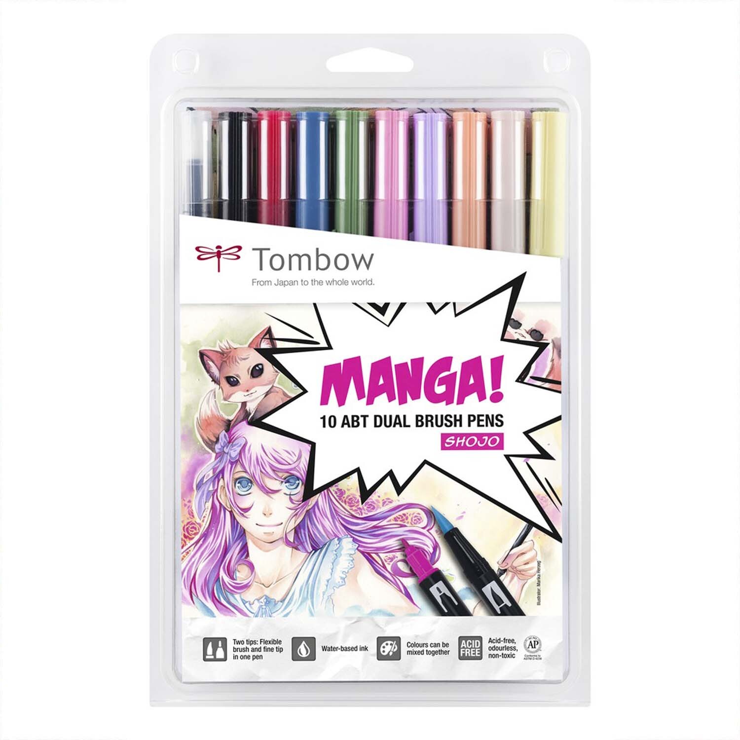 ABT Brush Pen Set Manga Shojo, 10-teilig, zeigt bunte Stifte und Manga-Illustration auf der Verpackung. Ideal für kreative Projekte.