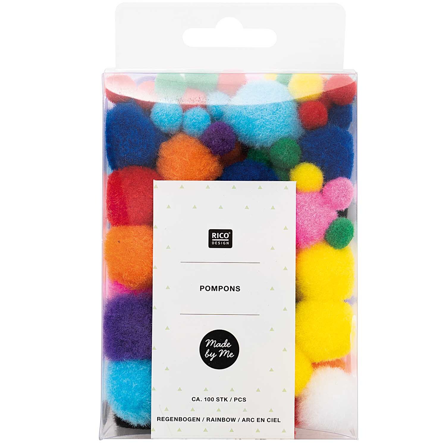 Pompons 8mm 20mm ca. 100 Stück in einer Packung von Rico Design, in leuchtenden Regenbogenfarben.