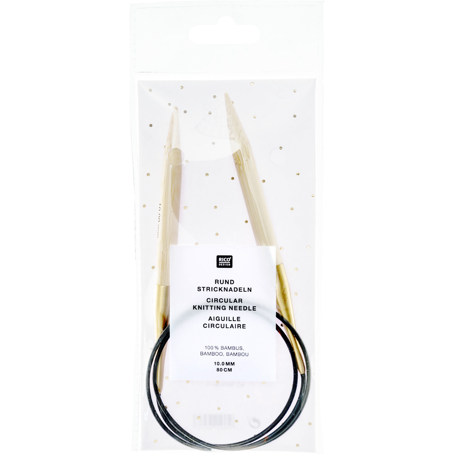 Rundstricknadel 80cm Bambus von Rico Design in Verpackung, ideal für Strickprojekte.
