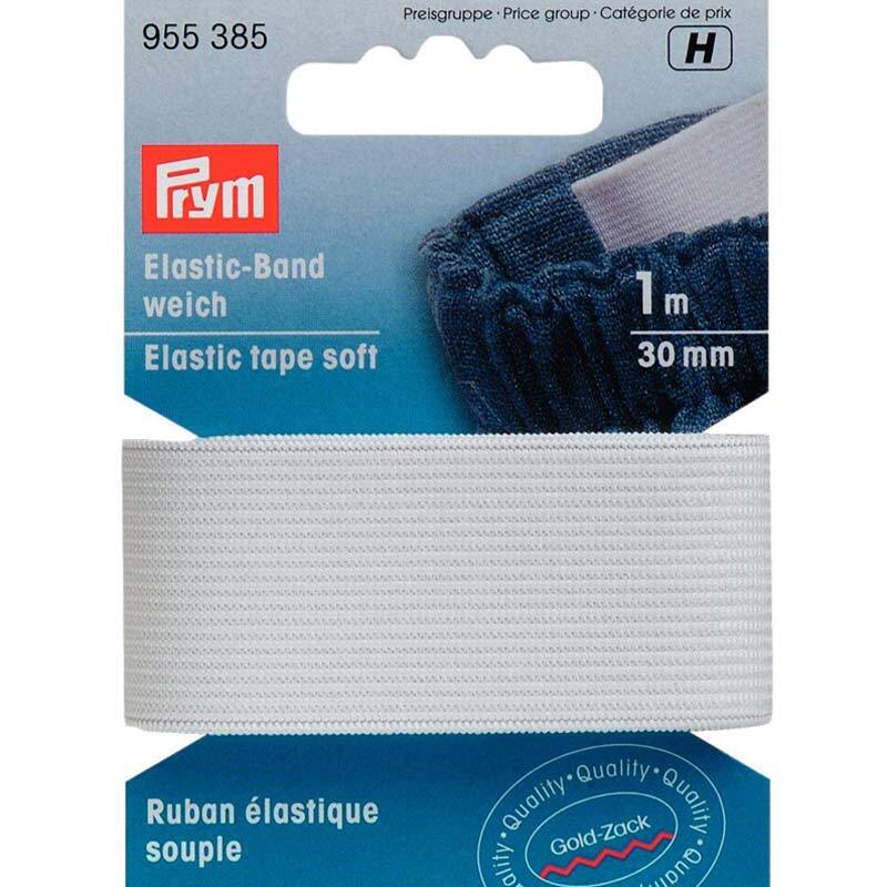 Elastic Band Gummi weich weiß 30mm 1m von Prym, abgebildet auf einer Verpackung mit blauem Hintergrund.