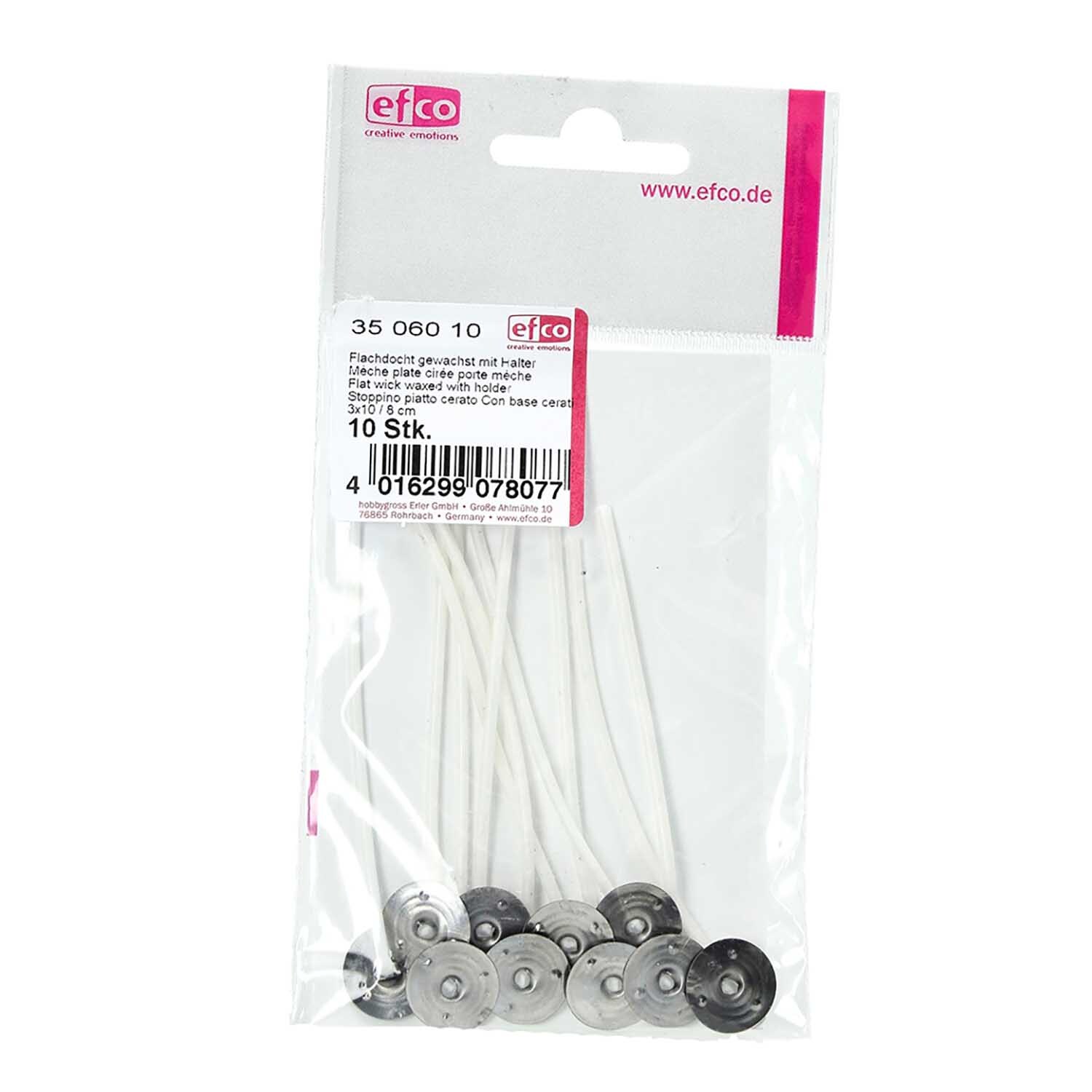 Teelichtflachdocht gewachst mit Halter 10 Stück von efco, verpackt in einer transparenten Tüte. Ideal für DIY-Projekte.