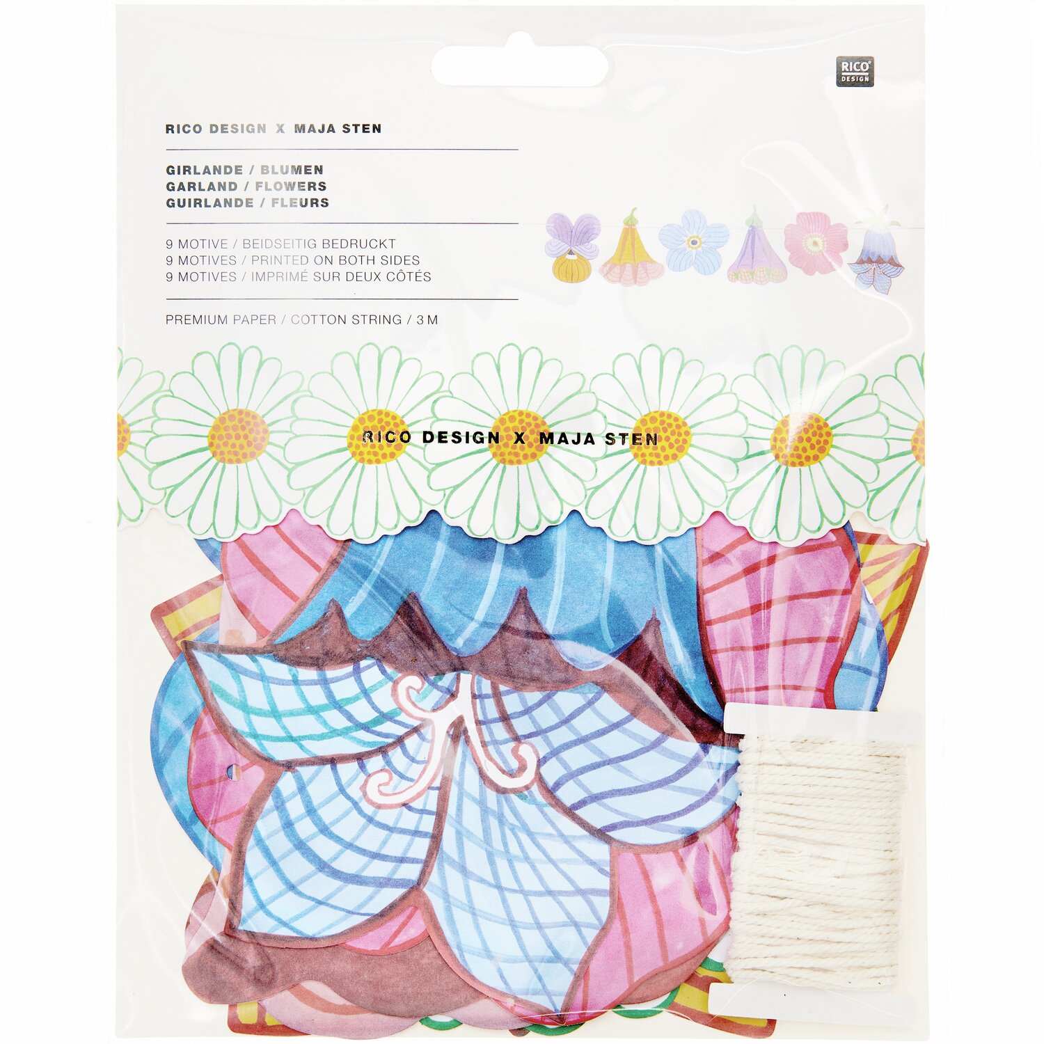 Girlande Midsommar Magic Blumen von Rico Design, 3m lang, mit bunten Blumenmotiven in Verpackung.