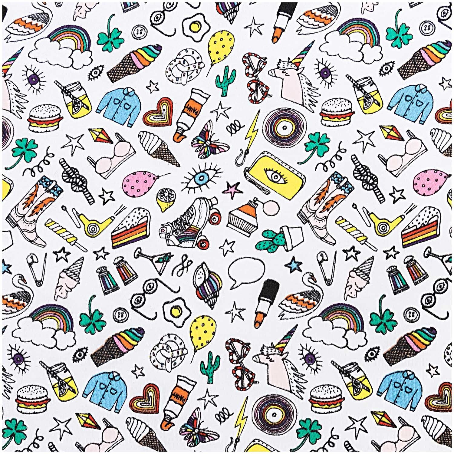 Stoff Jersey Icons mit bunten, verspielten Motiven wie Einhörner, Herzen und Regenbögen auf weißem Hintergrund von Rico Design.