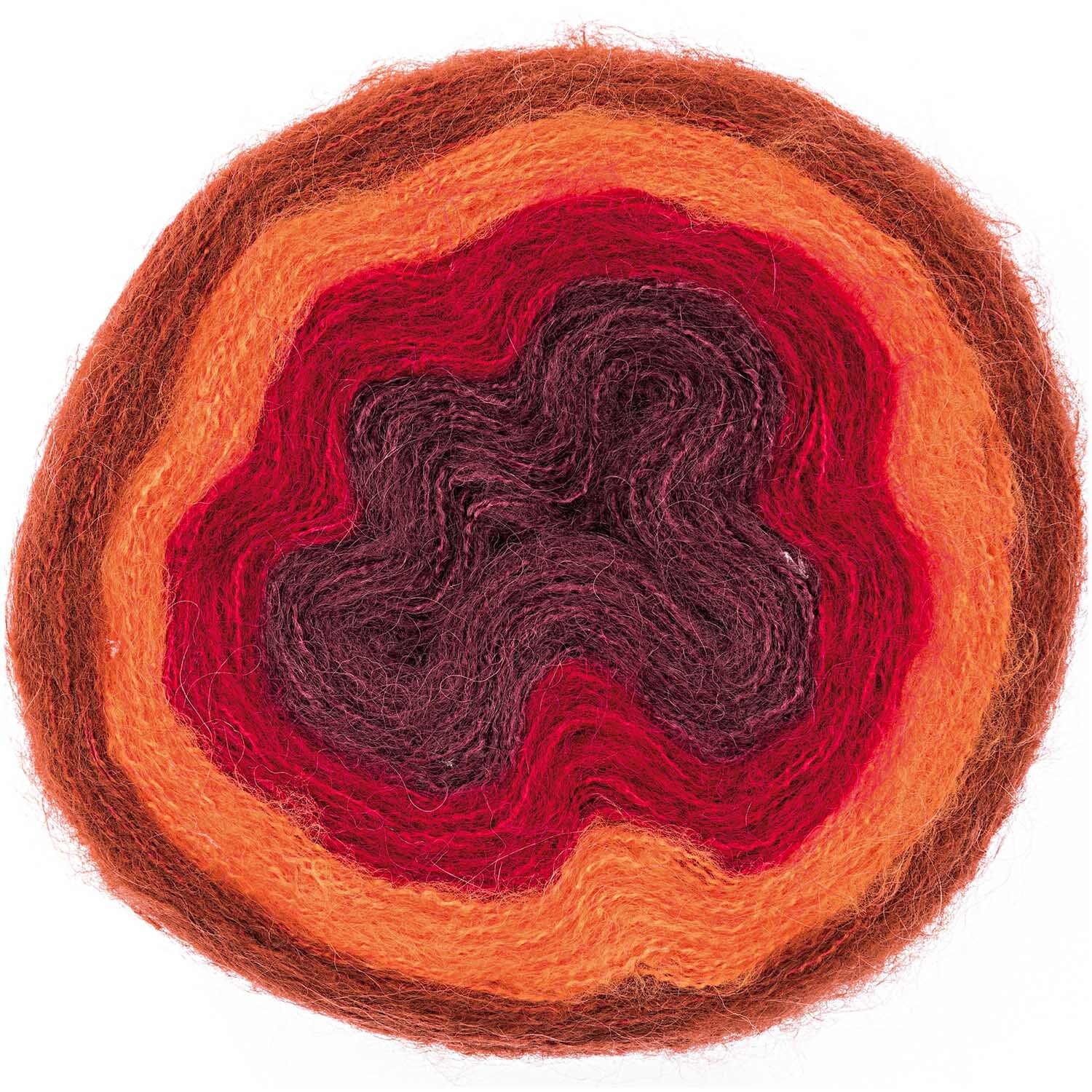 Creative Riguretto aran: Garn in Orange Mix von Rico Design, 100g 280m, zeigt konzentrische Farbringe.