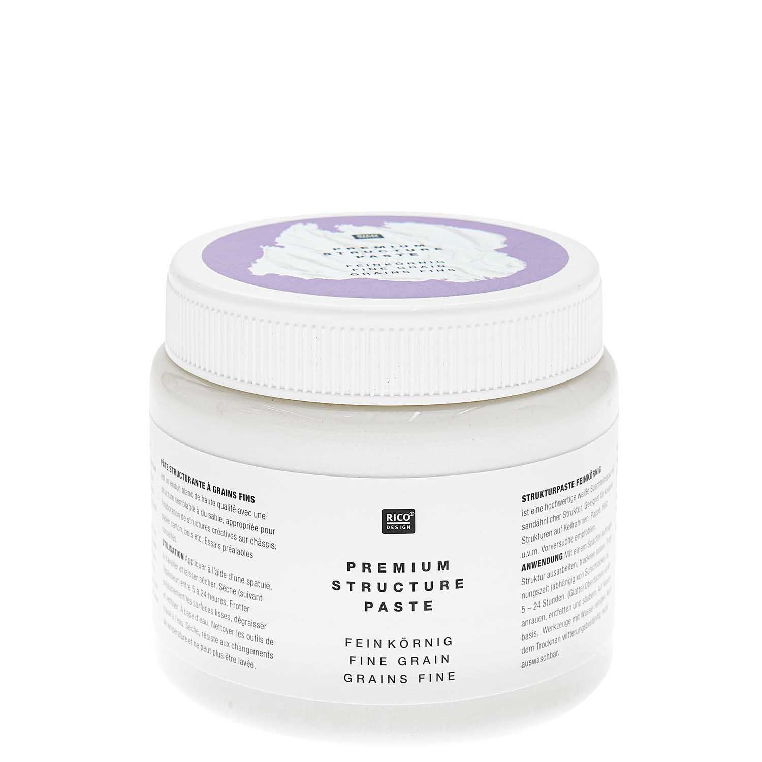 ART Premium Strukturpaste feinkörnig von Rico Design in einem weißen Behälter mit lila Deckel. Ideal für kreative Projekte.