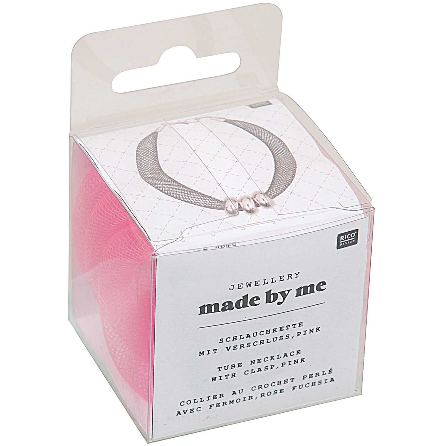 Schlauchkette pink mit Verschluss 10mm 1m von Rico Design in Verpackung, zeigt elegantes Design. Ideal für Schmuckliebhaber.