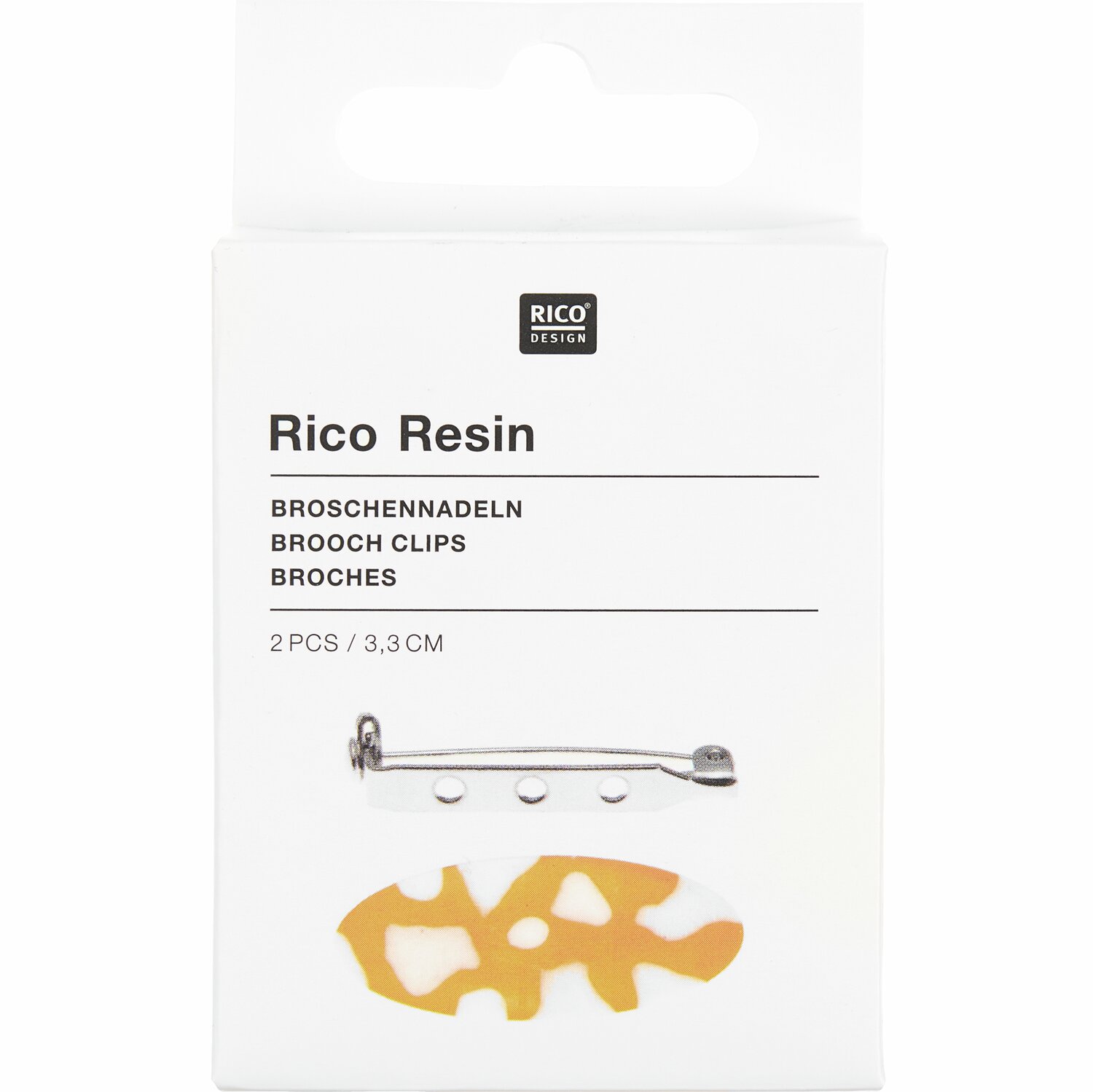 Broschennadel von Rico Design, 2 Stück. Abgebildet ist eine Verpackung mit einer silbernen Broschennadel und einem gelben Design.