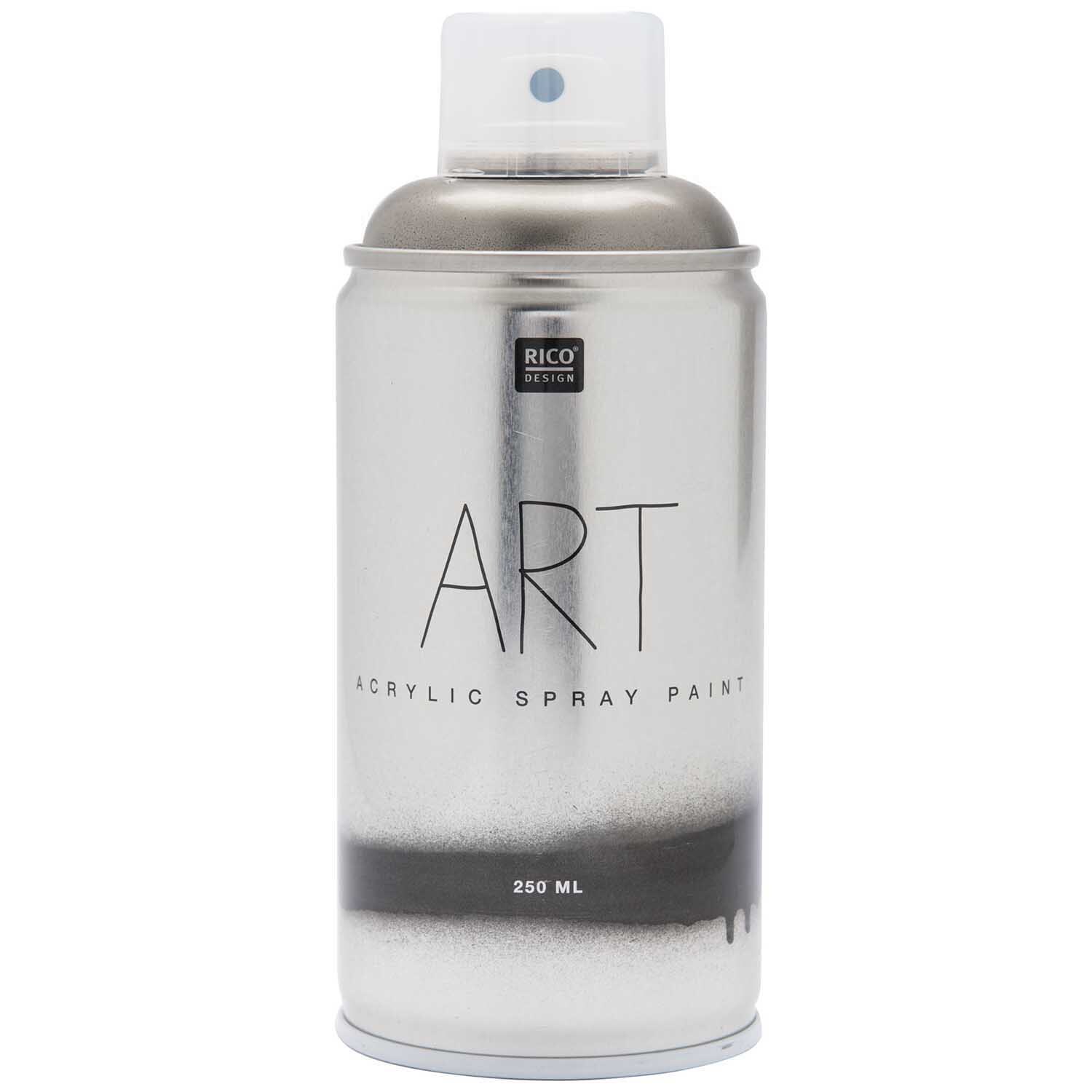 Art Acrylic Spray Paint silber 250ml von Rico Design, zeigt eine silberne Sprühdose mit klarer Kappe.
