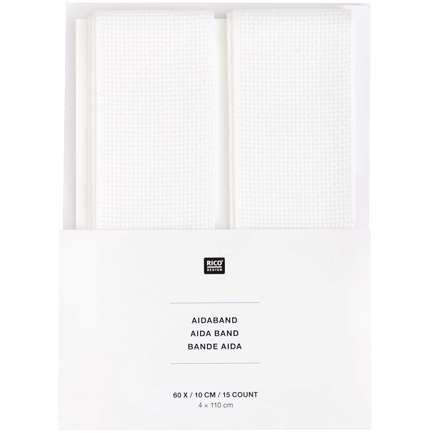 Aidaband weiß 6 Stiche/cm 2x 4x110cm von Rico Design, präsentiert auf einer Verpackung mit zwei weißen Stoffstreifen.