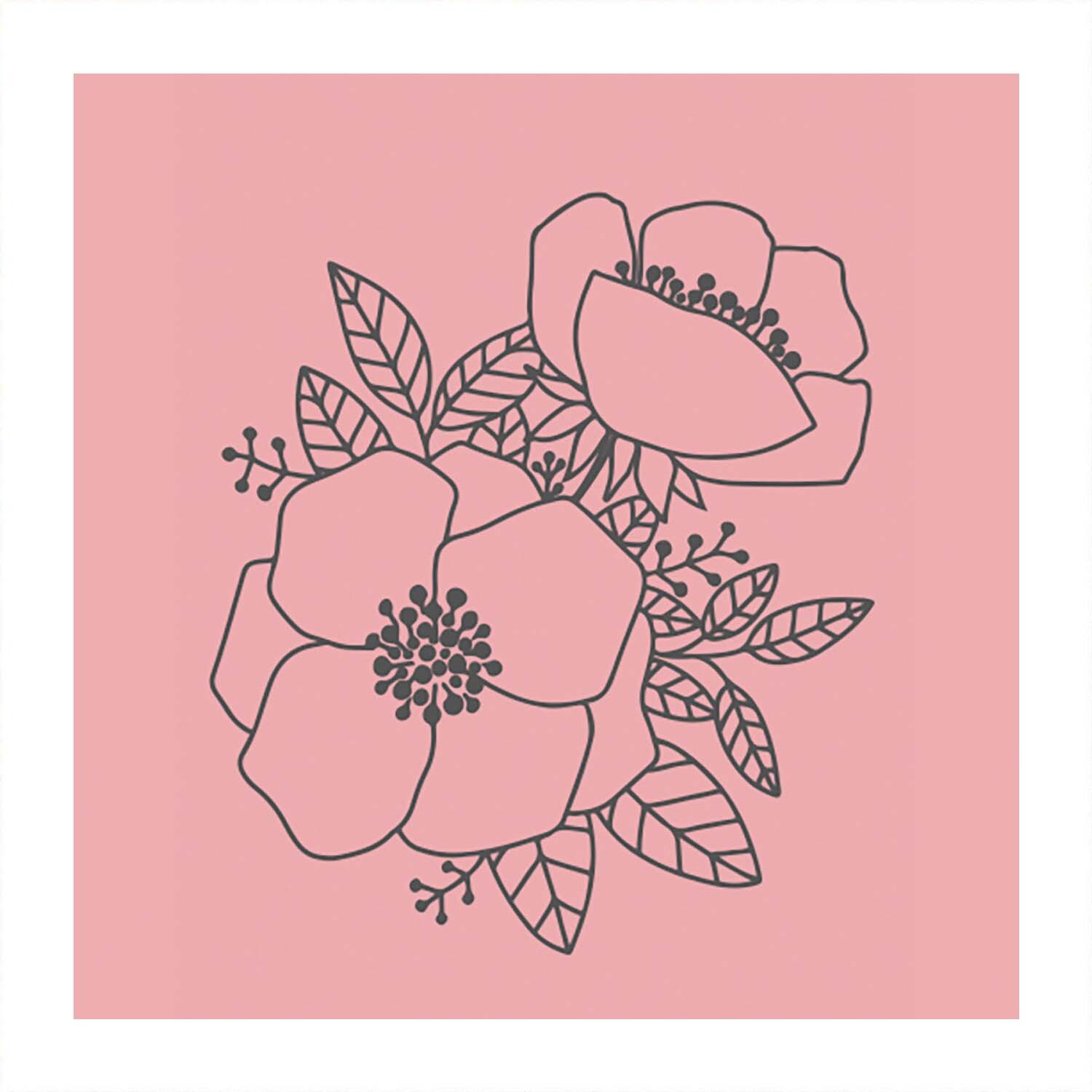 Stempel Blüten rosa 35x45mm: Zwei stilisierte Blüten mit Blättern auf rosa Hintergrund, Marke May&Berry.