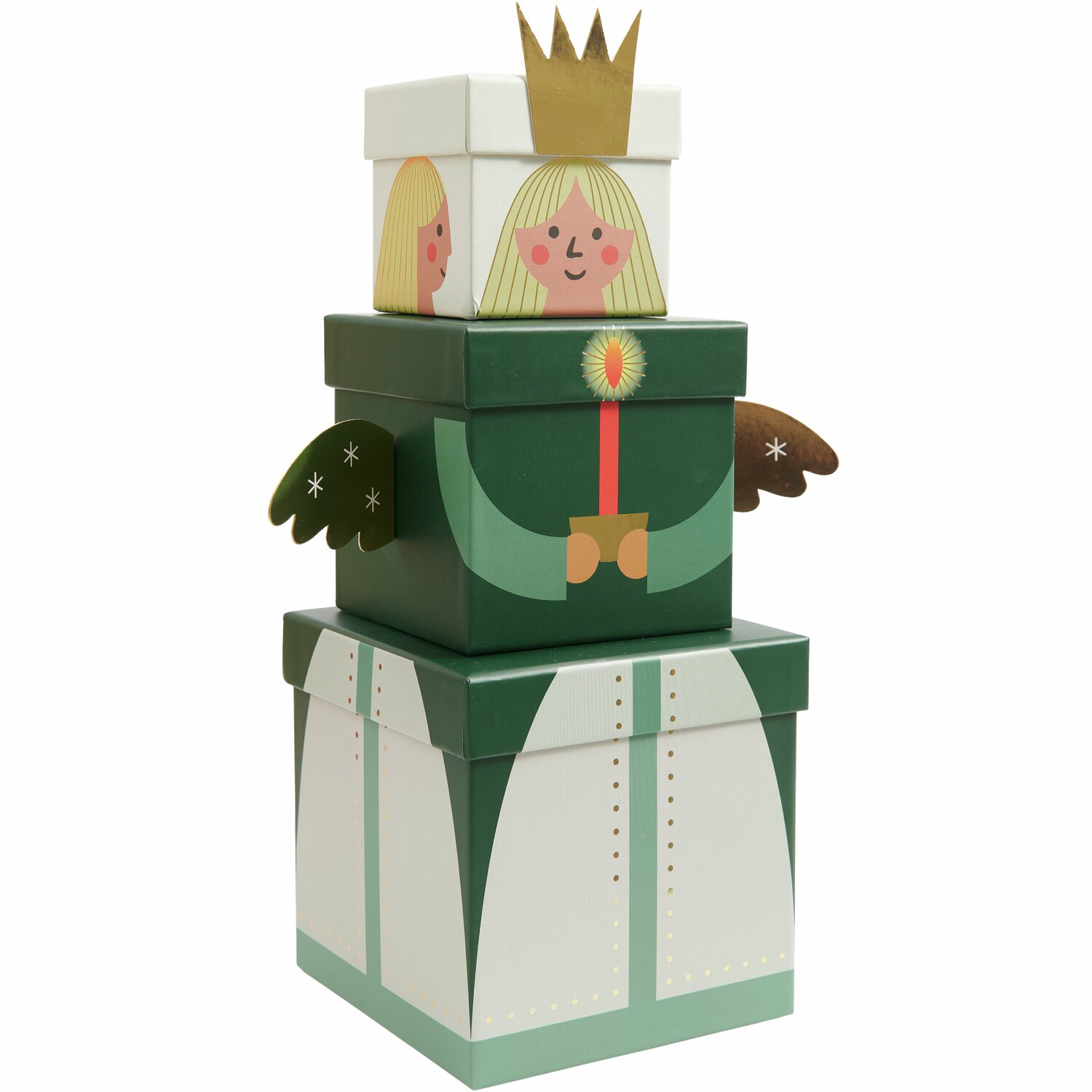 Geschenkboxen-Set Engel, 6-teilig, mit Engelmotiv in Grün und Weiß, ideal für festliche Anlässe.