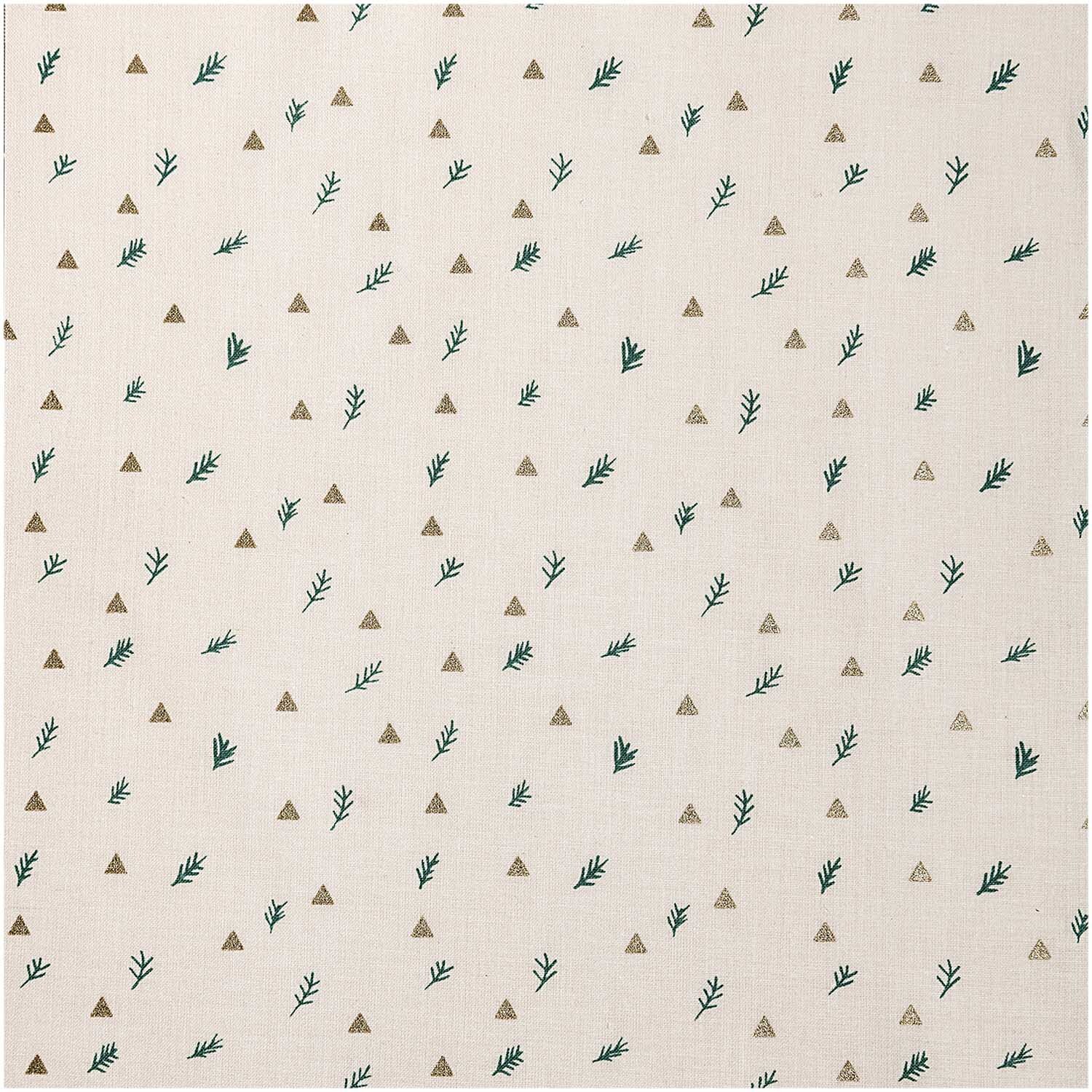 Druckstoff Zweige ecru-gold 140cm von Rico Design zeigt ein Muster aus grünen Zweigen und goldenen Dreiecken auf hellem Hintergrund.