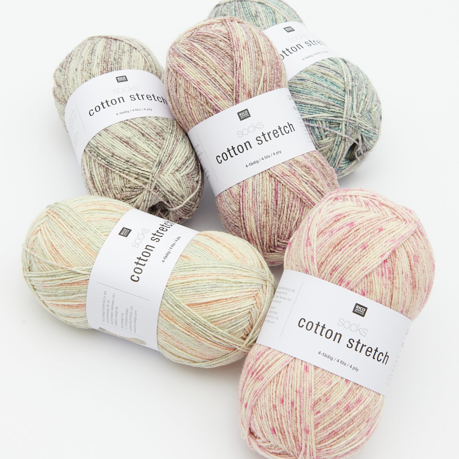 Socks Cotton Stretch 4-fädig: Weiche Pastellgarne in Pinky, Mauve, Aqua und Stone von Rico Design.