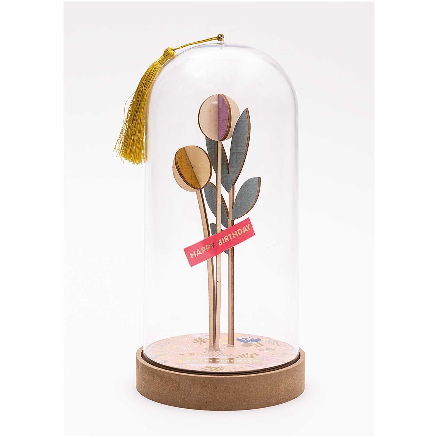Dekohaube mit Sockel 12x27cm Gr. XL: Transparentes Design mit farbigen Blumen und "Happy Birthday"-Schild. Ideal als stilvolle Dekoration.