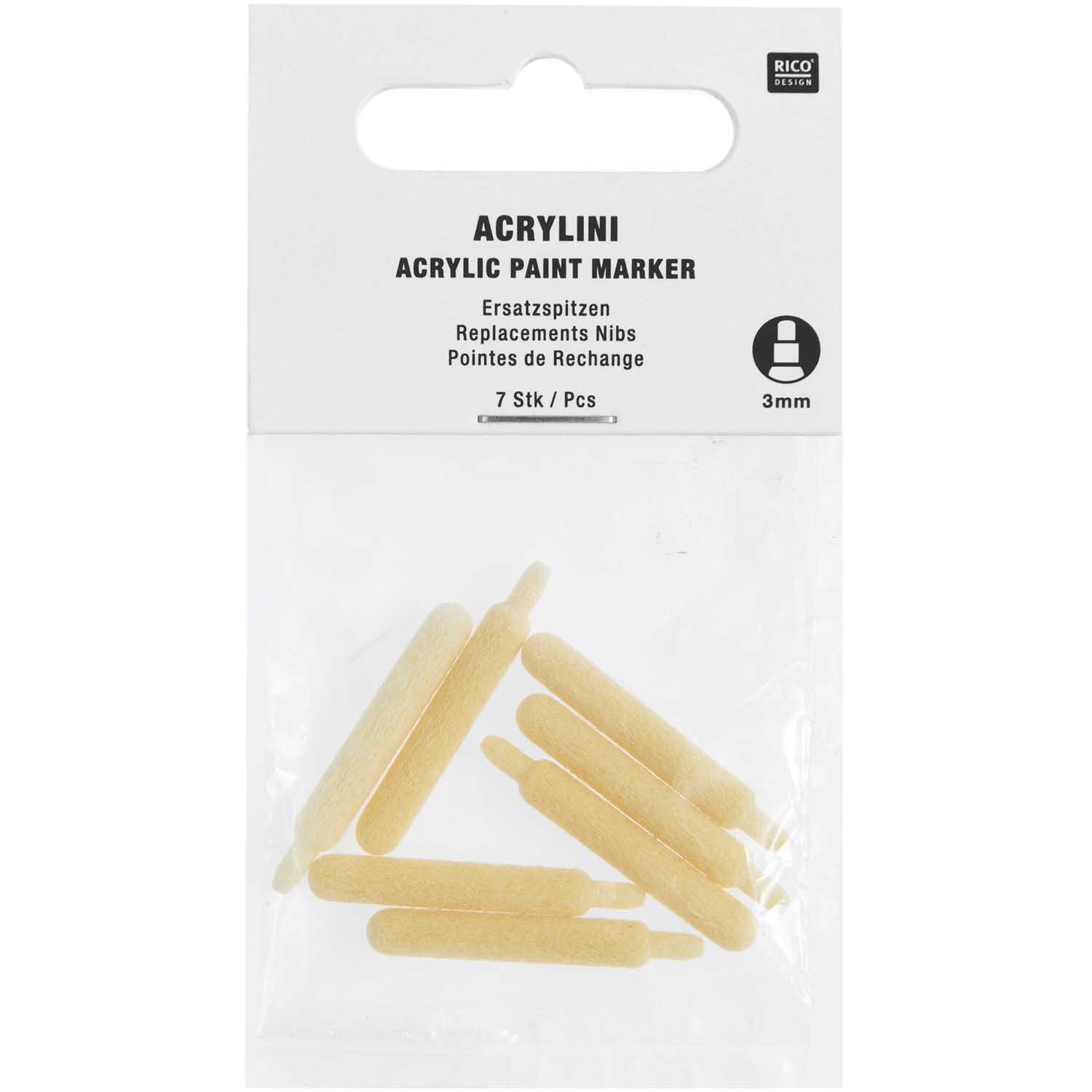 Acrylini Ersatzspitze, 3mm 7 Stück, von Rico Design. Beige Ersatzspitzen für Acrylmarker in transparenter Verpackung.