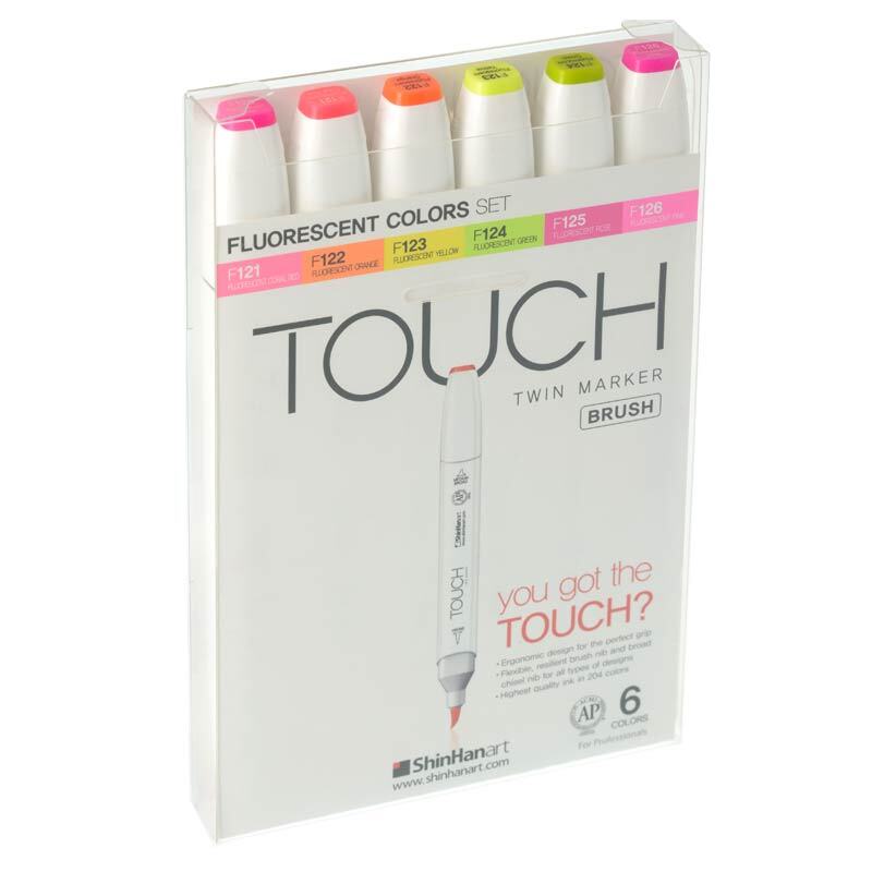 Twin Brush Marker Flourescent 6er Set in einer transparenten Verpackung mit leuchtenden Farben.