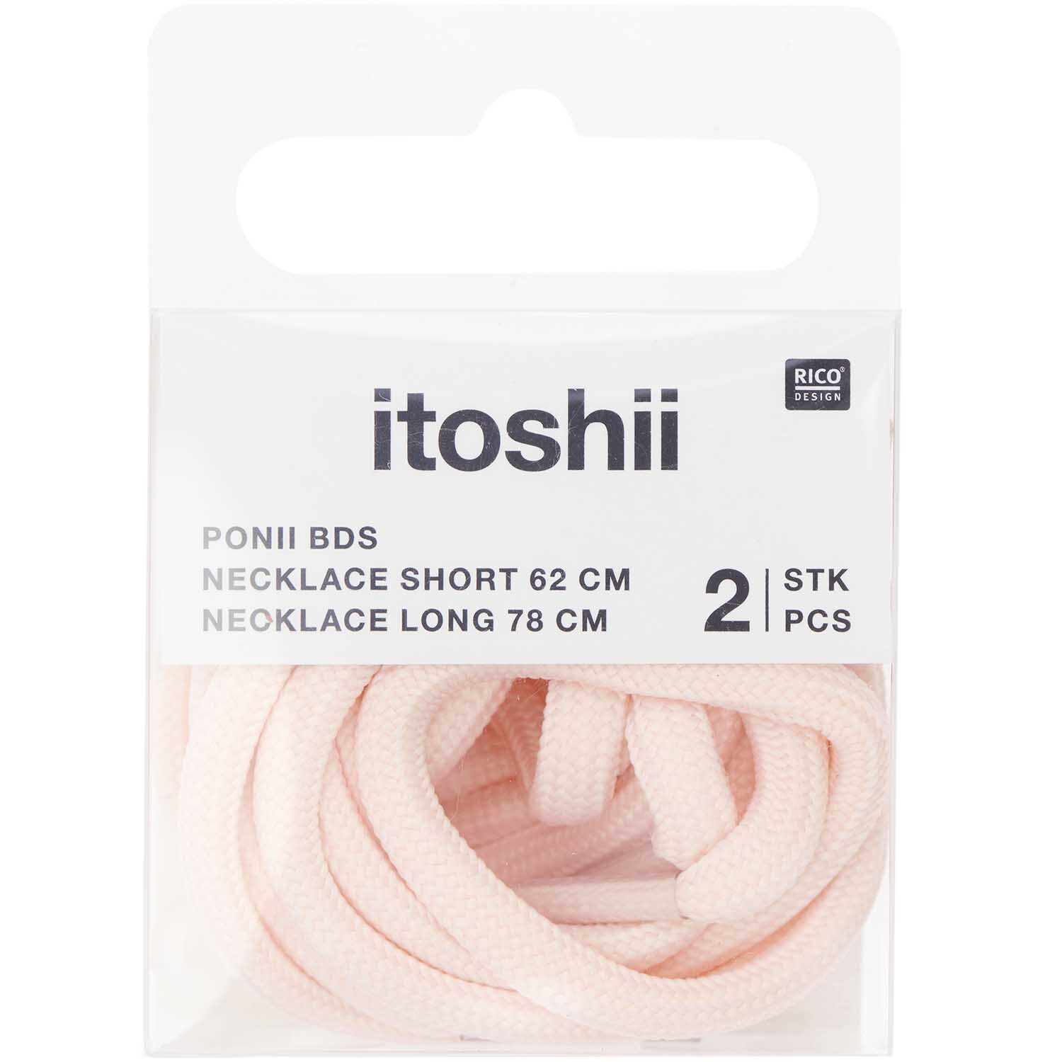 Itoshii - Ponii Beads Ketten 2 Stück in zartem Rosa, präsentiert von Rico Design, in einer transparenten Verpackung.