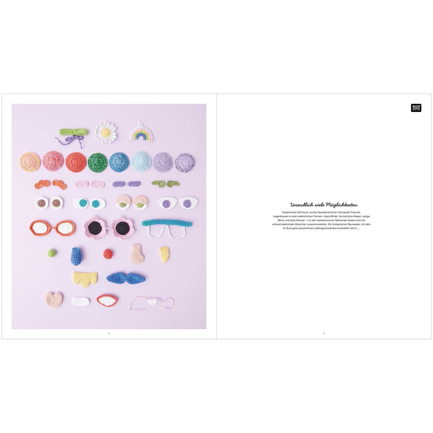 Ricorumi Crochet Your Face deutsch: Bunte Häkelteile von Rico Design auf hellem Hintergrund, ideal für kreative Projekte.