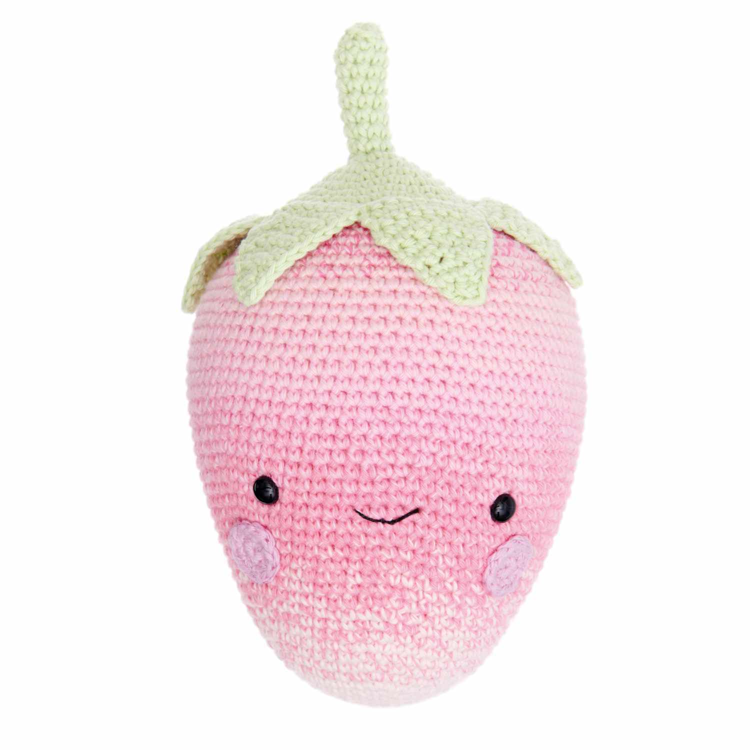 Häkelset Erdbeere aus Ricorumi Fresh Friends: Niedliche, rosa gehäkelte Erdbeere mit Gesicht und grünen Blättern.