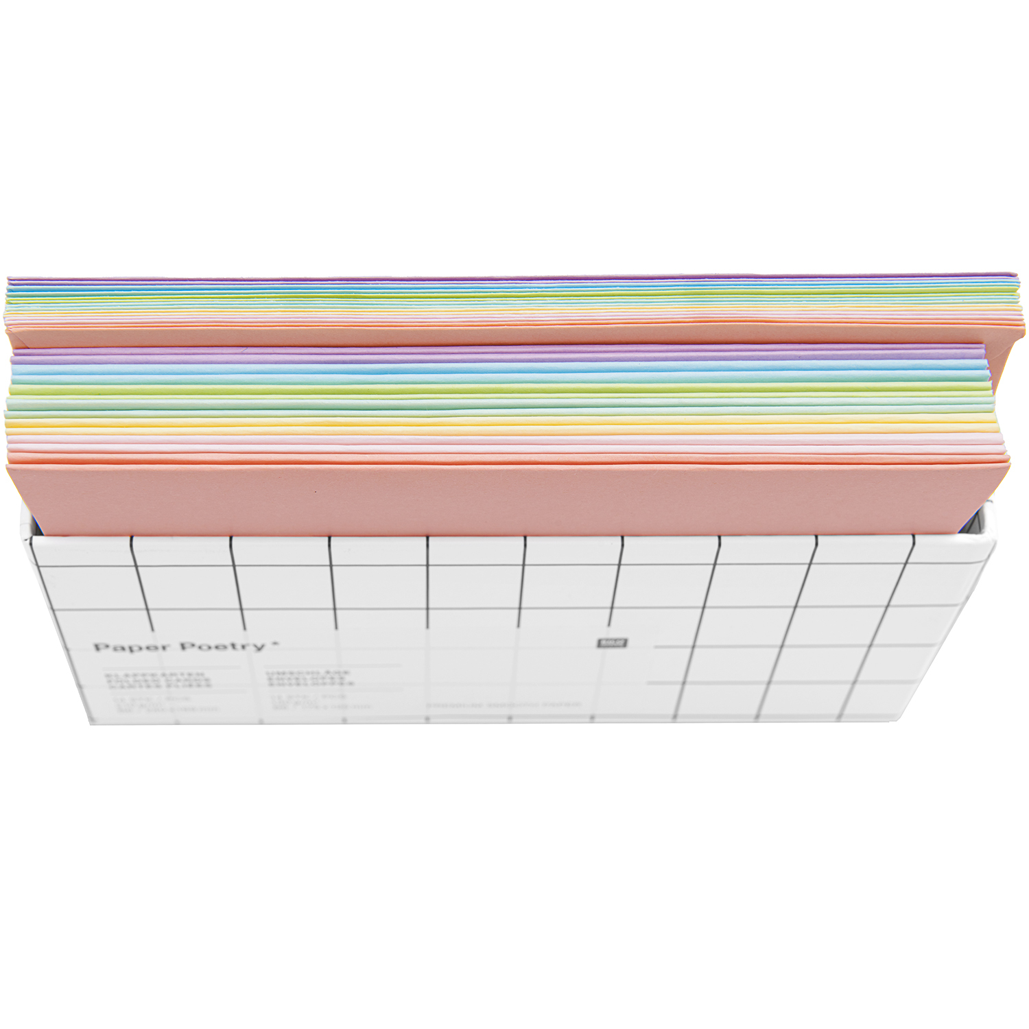 Paper Poetry Kartenset Rainbow pastell B6, 28-teilig, zeigt bunte Karten in einer Schachtel von oben. Ideal für kreative Projekte.