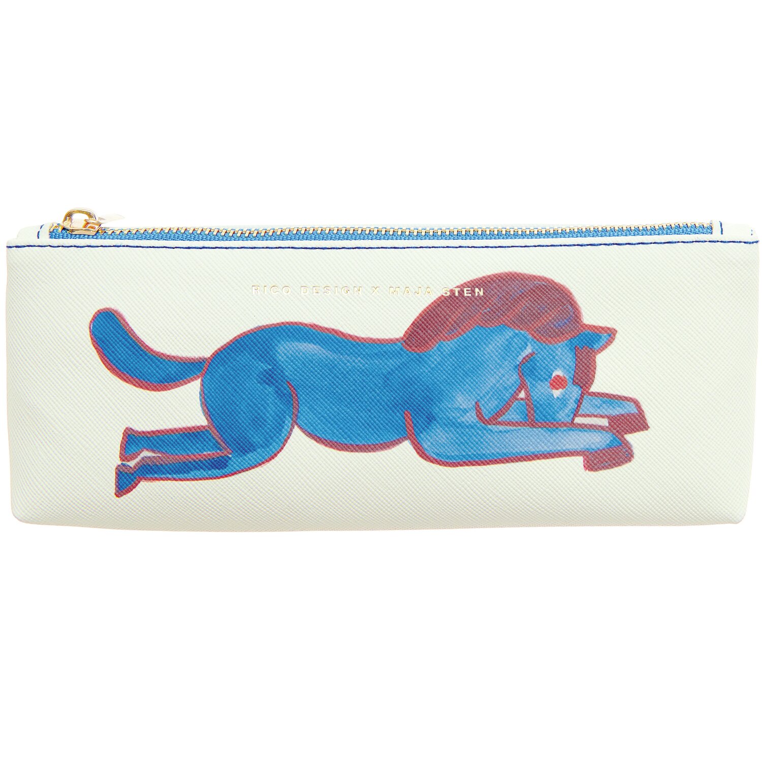 Etui Pferd M von Rico Design mit blauem Pferdemotiv auf cremefarbenem Hintergrund, 20x6,5cm.