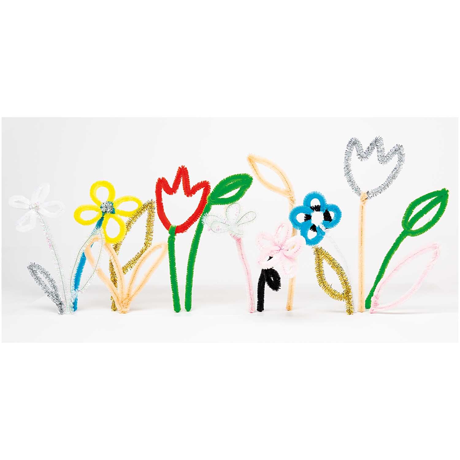 Chenilledraht 50cm 10 Stück: Bunte Drahtblumen in verschiedenen Formen und Farben, ideal für kreative Bastelprojekte.