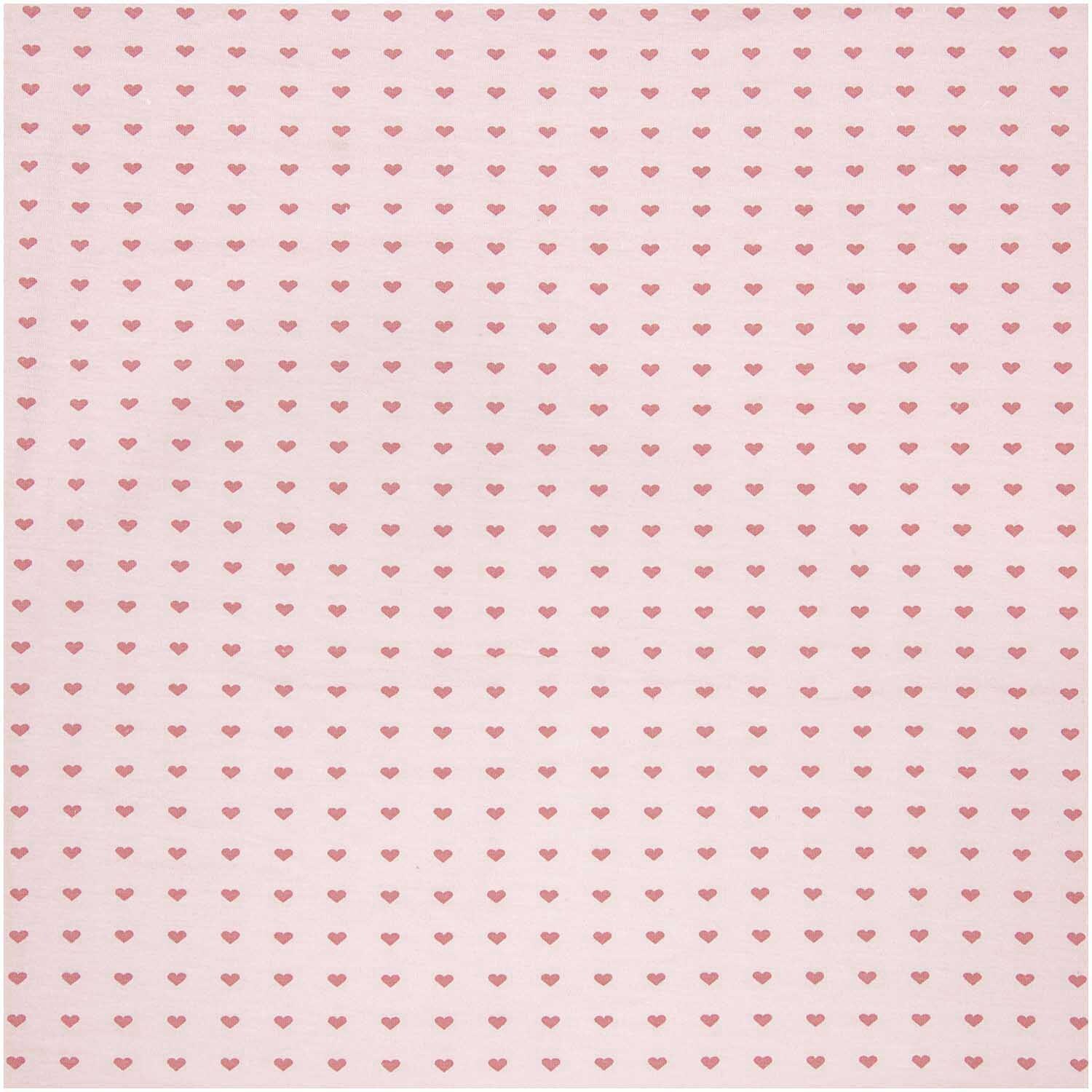 Jerseystoff Happy Baby Herzchen rosa von Rico Design, zeigt ein Muster aus kleinen rosa Herzen. Ideal für kreative Nähprojekte.