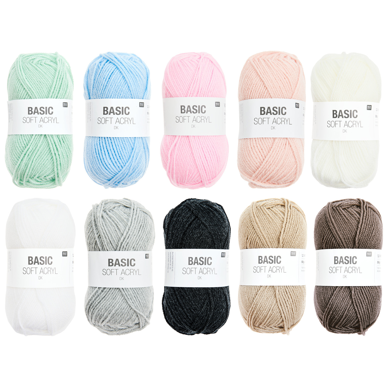 Wollpaket Basic Soft Acryl Pastell von Rico Design: Zehn Garnknäuel in sanften Pastelltönen, ideal für kreative Strickprojekte.