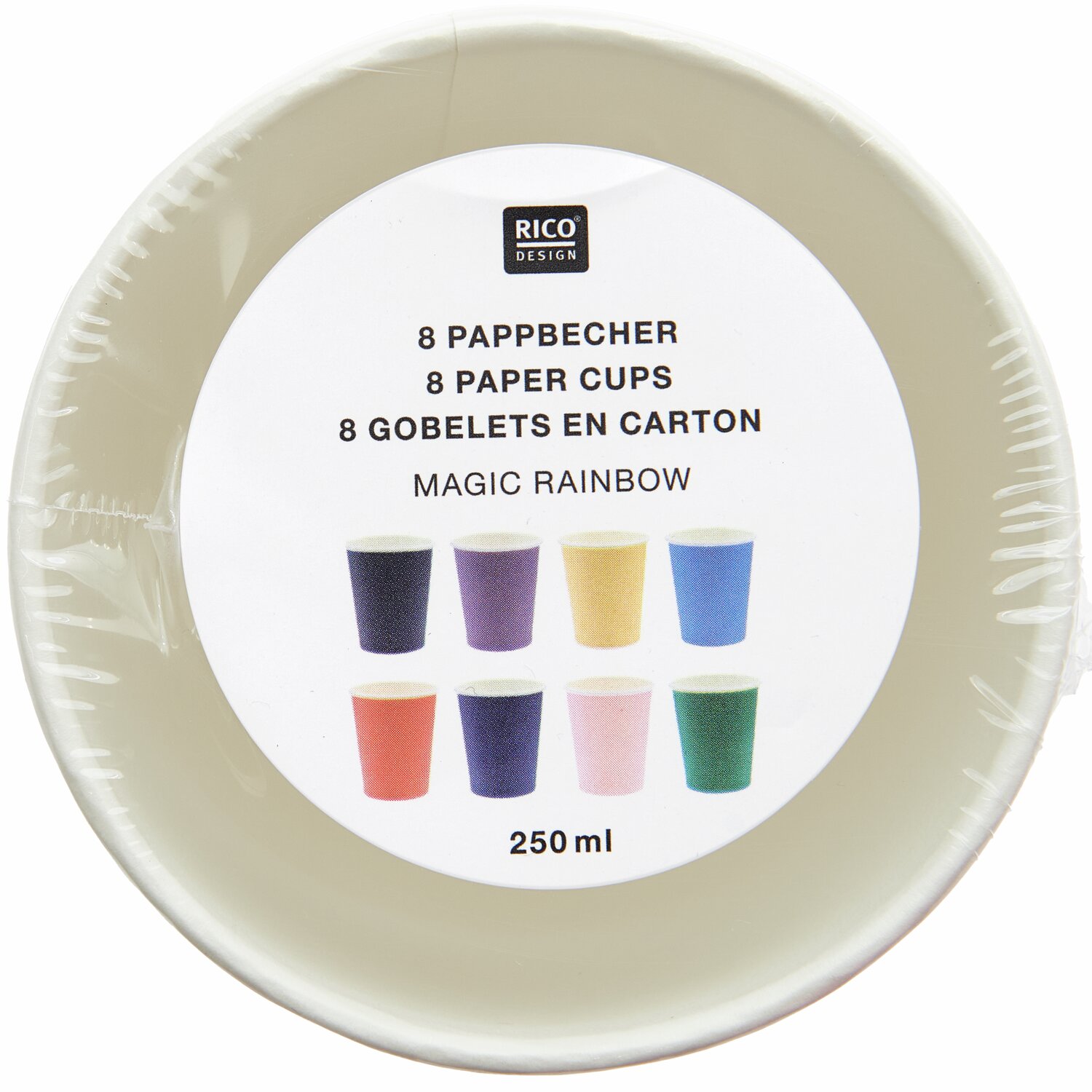 Pappbecher Magic Rainbow von Rico Design, 8 Stück, 250ml, in verschiedenen Regenbogenfarben auf weißem Hintergrund.