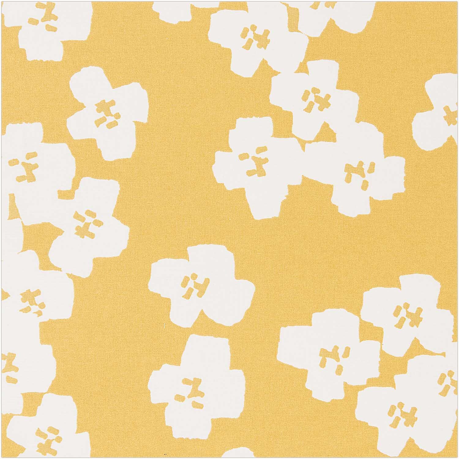 Druckstoff Okina Hana mit weißen Blumen auf senfgelbem Hintergrund, von Rico Design, beschichtet.