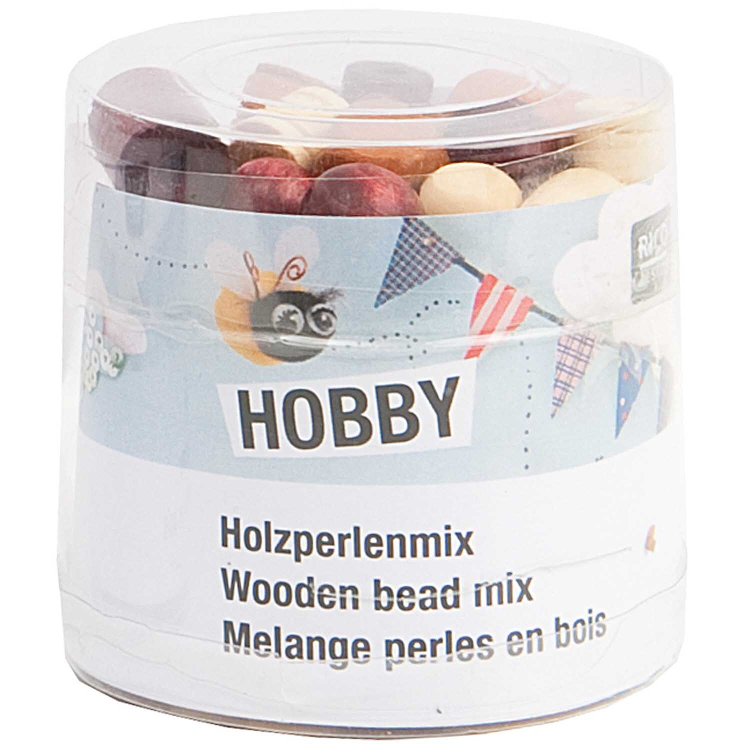 Holz-Perlen Mix natur 100g in transparenter Verpackung, ideal für kreative Bastelprojekte.