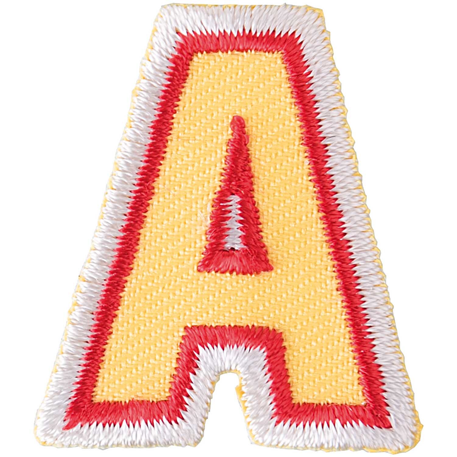 Patch Buchstabe zum Aufbügeln 3,2cm: Gelber Stoffbuchstabe "A" mit rotem Rand von Rico Design. Ideal für kreative Textilprojekte.