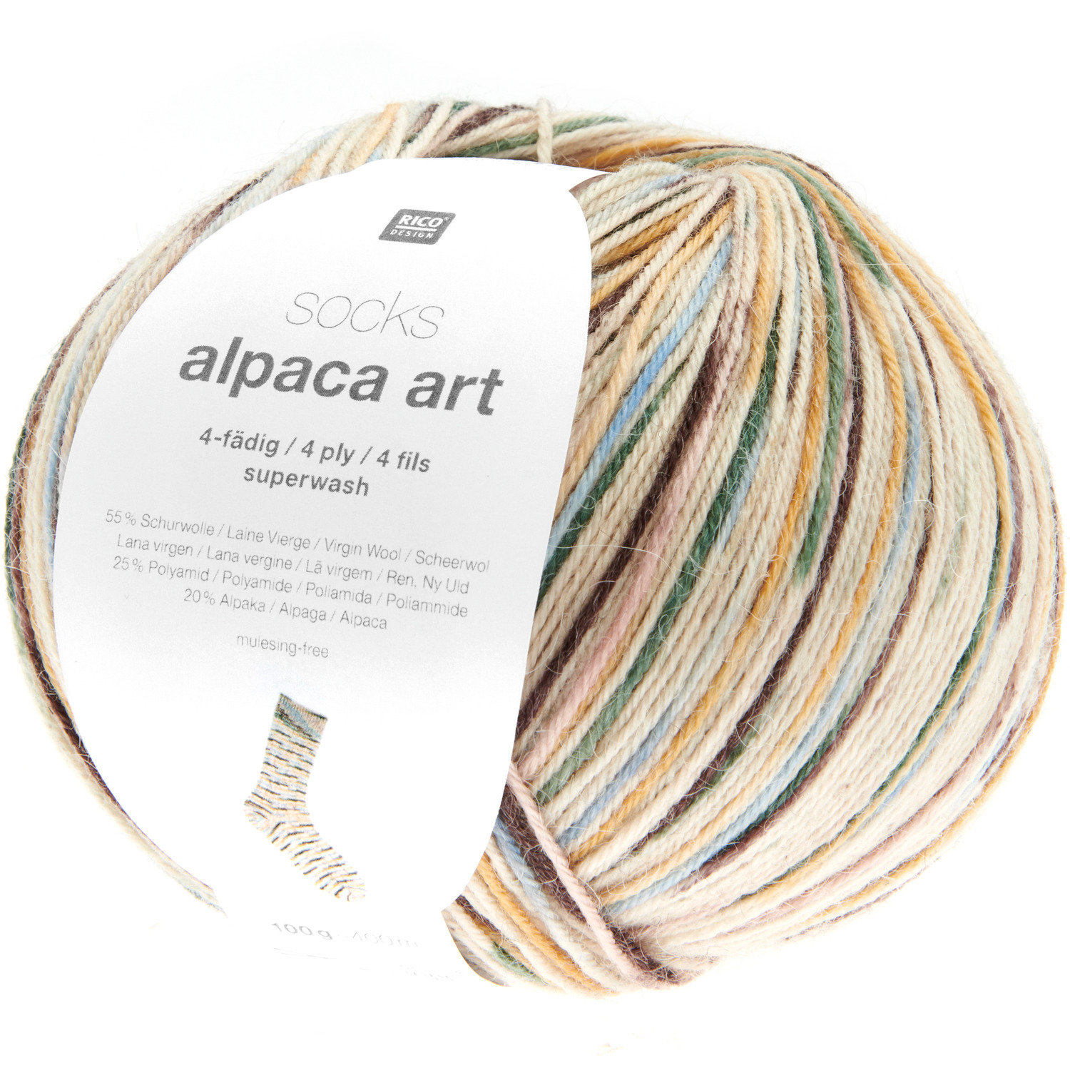 Socks Alpaca Art 4-fädig Wolle von Rico Design in sanften Naturtönen, 100g Knäuel, ideal für Strickprojekte.