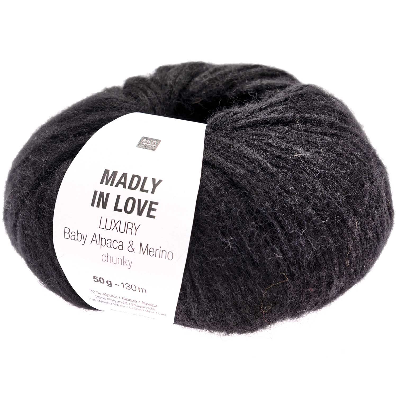 Luxury Baby Alpaca & Merino chunky - Schwarzes Garnknäuel von Rico Design, ideal für Strickset Mini Schal Modell 03a.