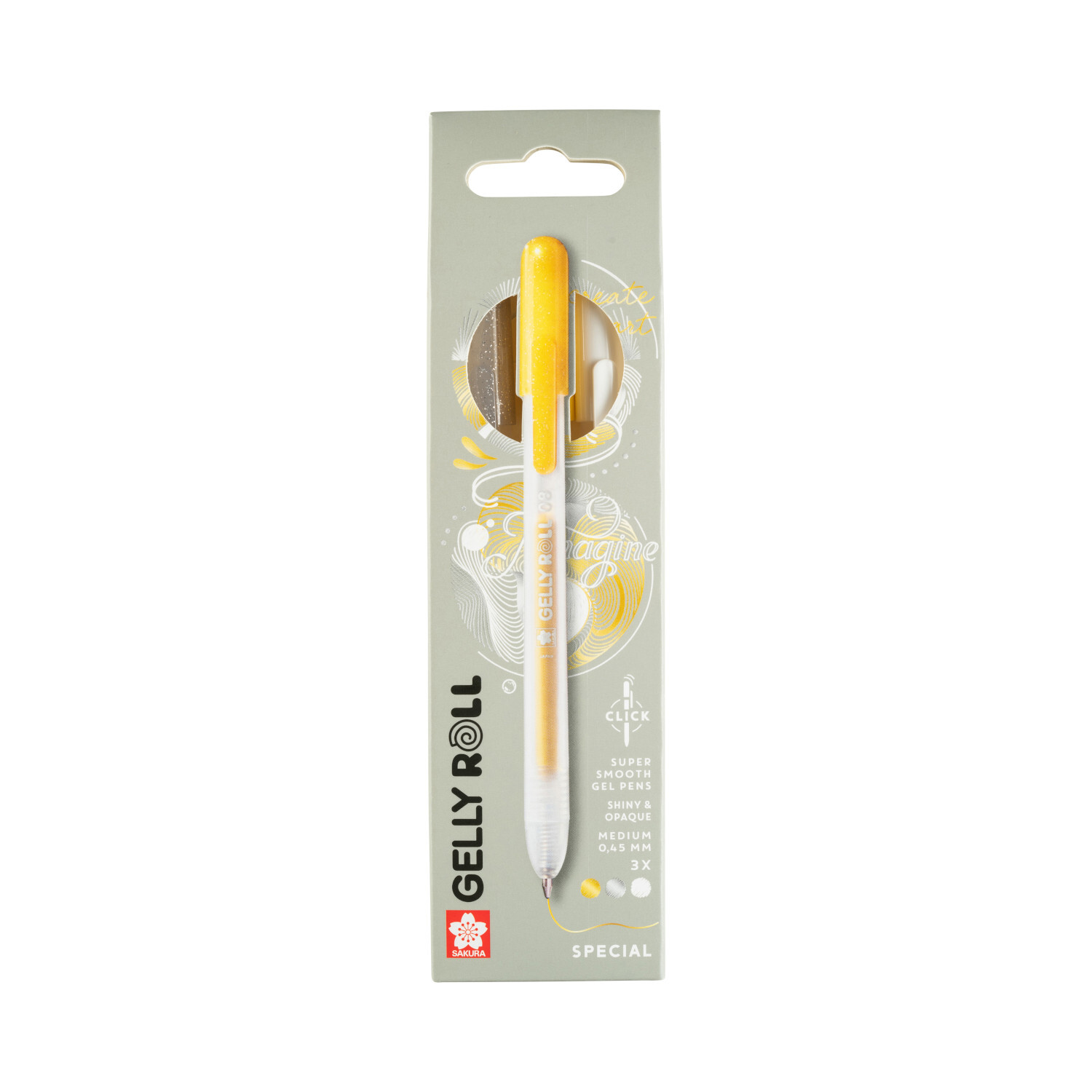 Gelly Roll Retractable Set Special, 3 Stück, mit gelbem Stift von SAKURA in Verpackung.