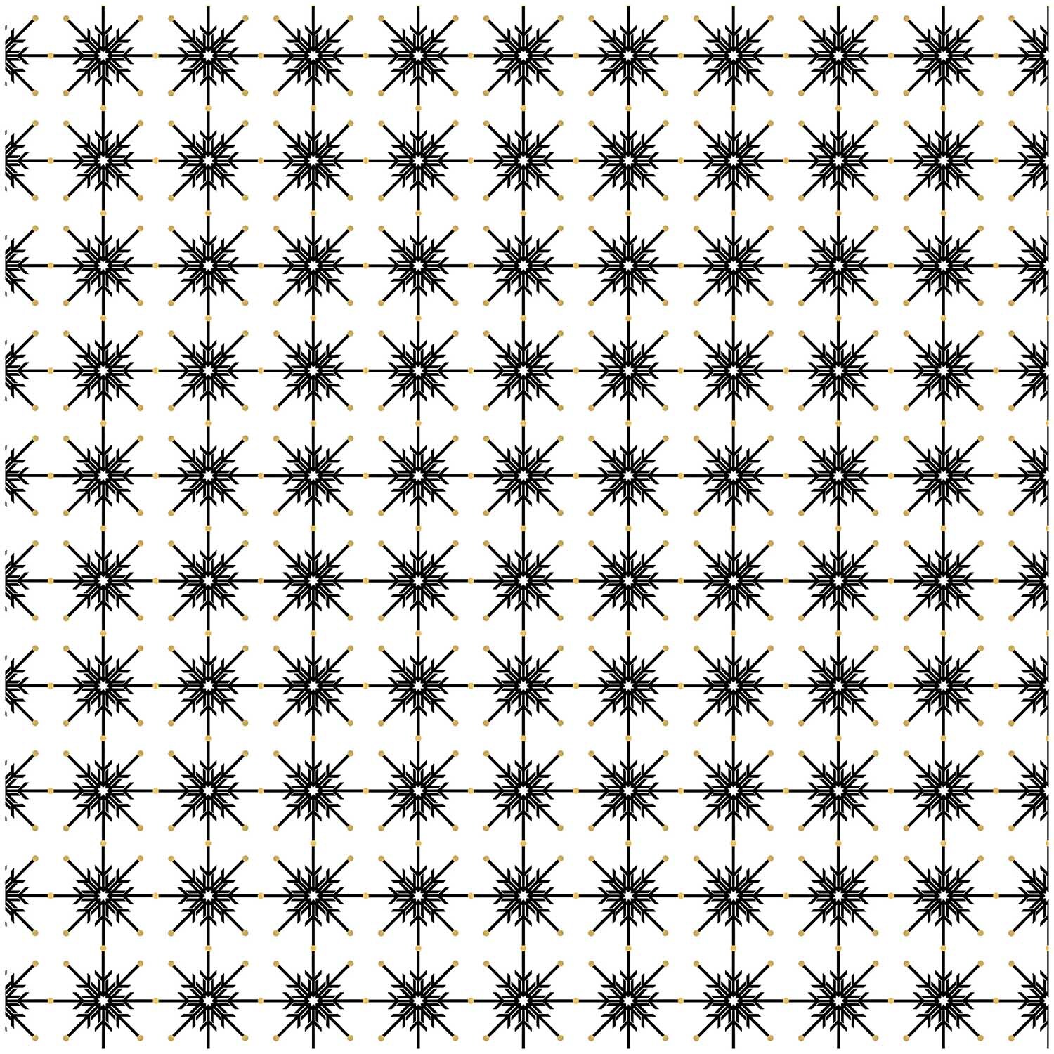 Stoff Eiskristall schwarz-gold 50x140cm: Schwarze Eiskristallmuster auf weißem Hintergrund, ideal für elegante Designs. Marke: Rico Design.