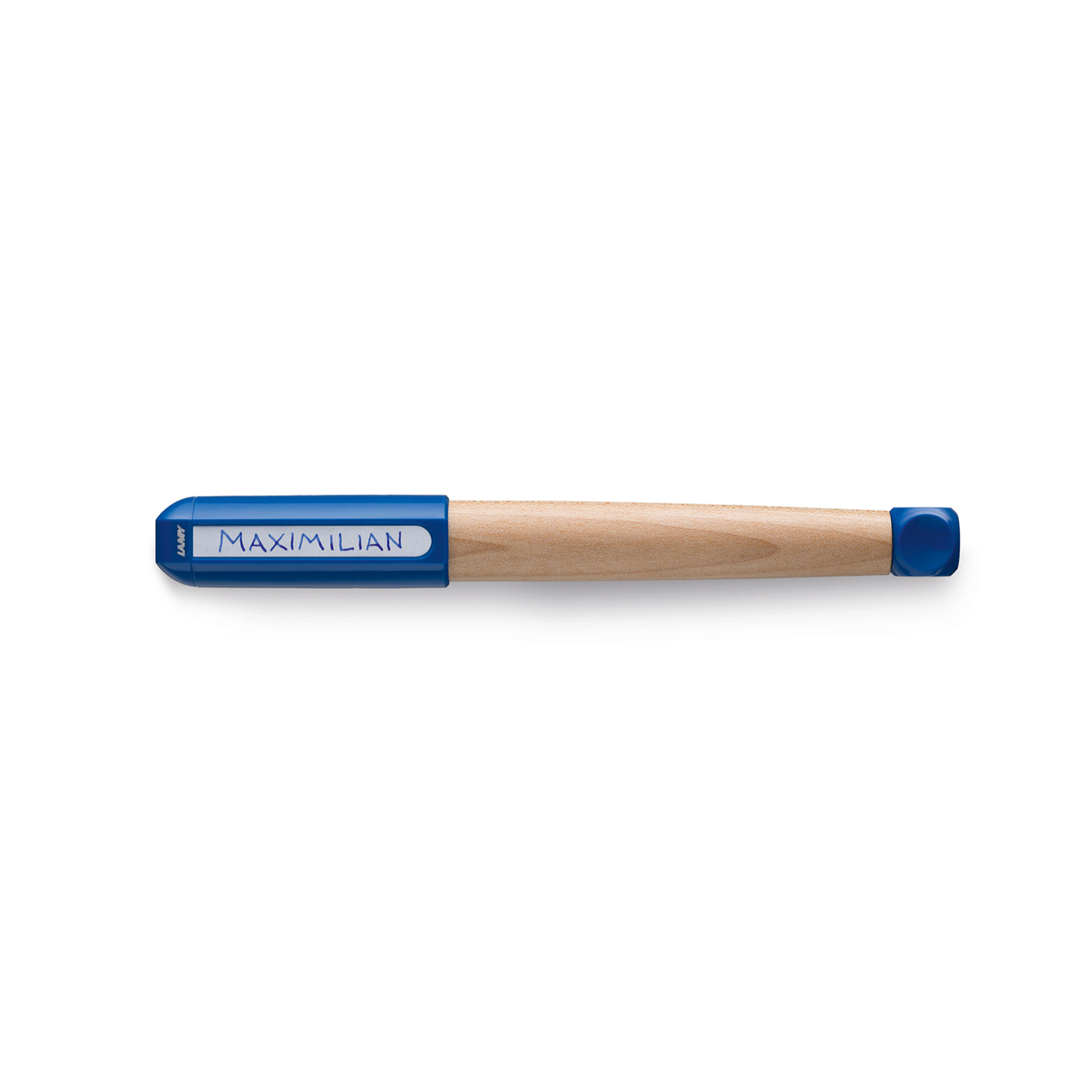 Füllhalter abc mit blauer Kappe und Holzschaft, Marke Lamy, ideal für Schreibanfänger.