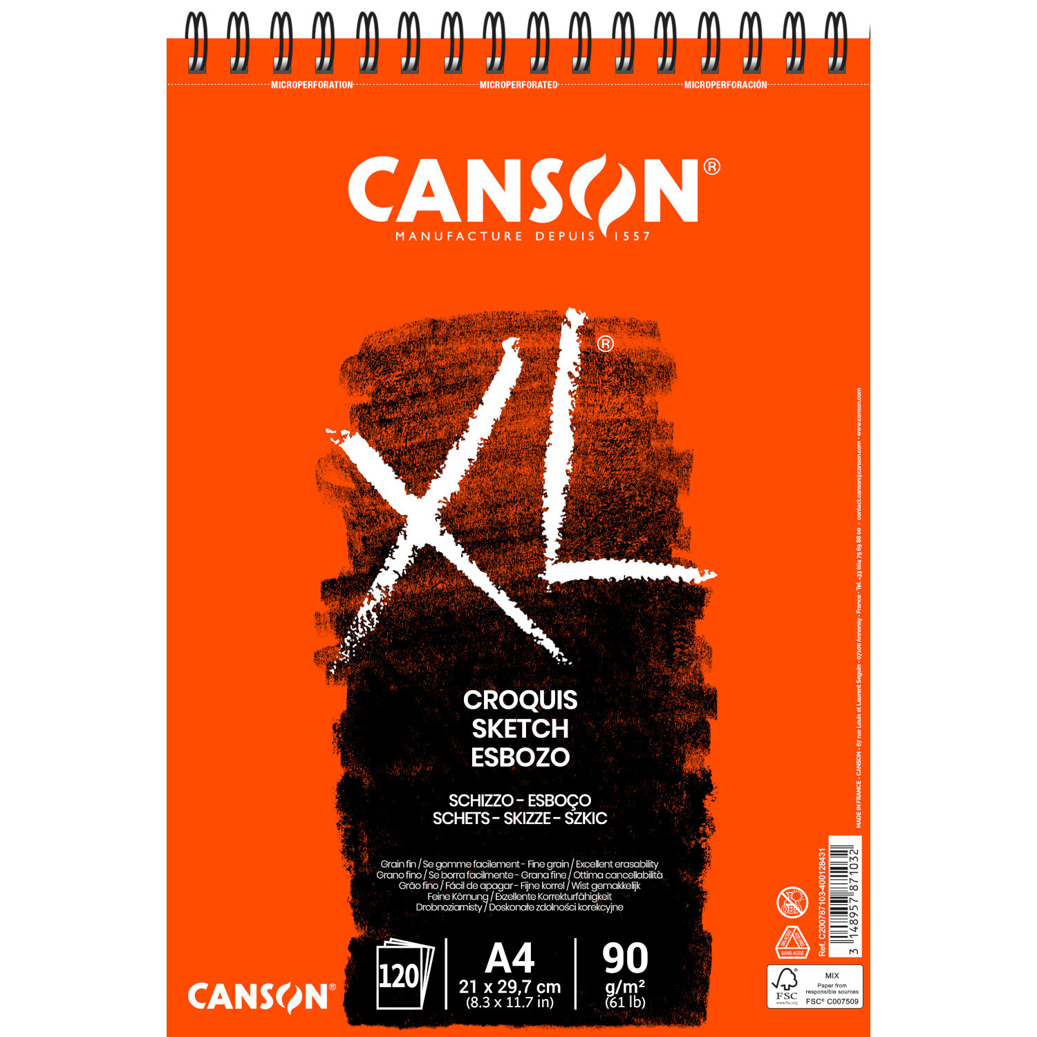 XL Croquis Spiralblock mit 120 Blatt, DIN A4, 90g/m². Orangefarbener Canson-Skizzenblock für kreative Projekte.