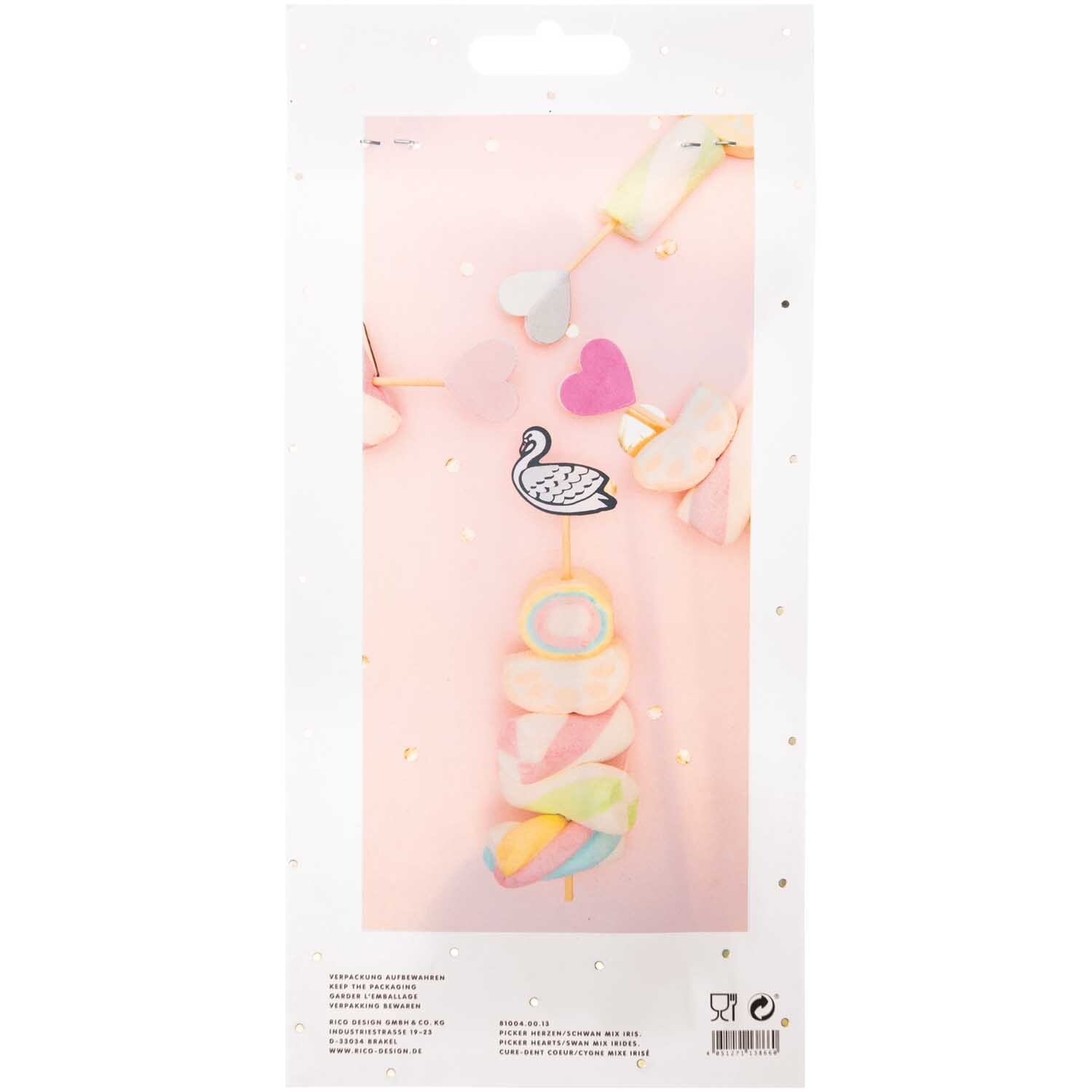 Picker Mix Schwan irisierend 15cm 24 Stück: Bunte Picker mit Schwan-Motiv von Rico Design, ideal für kreative Dekorationen.