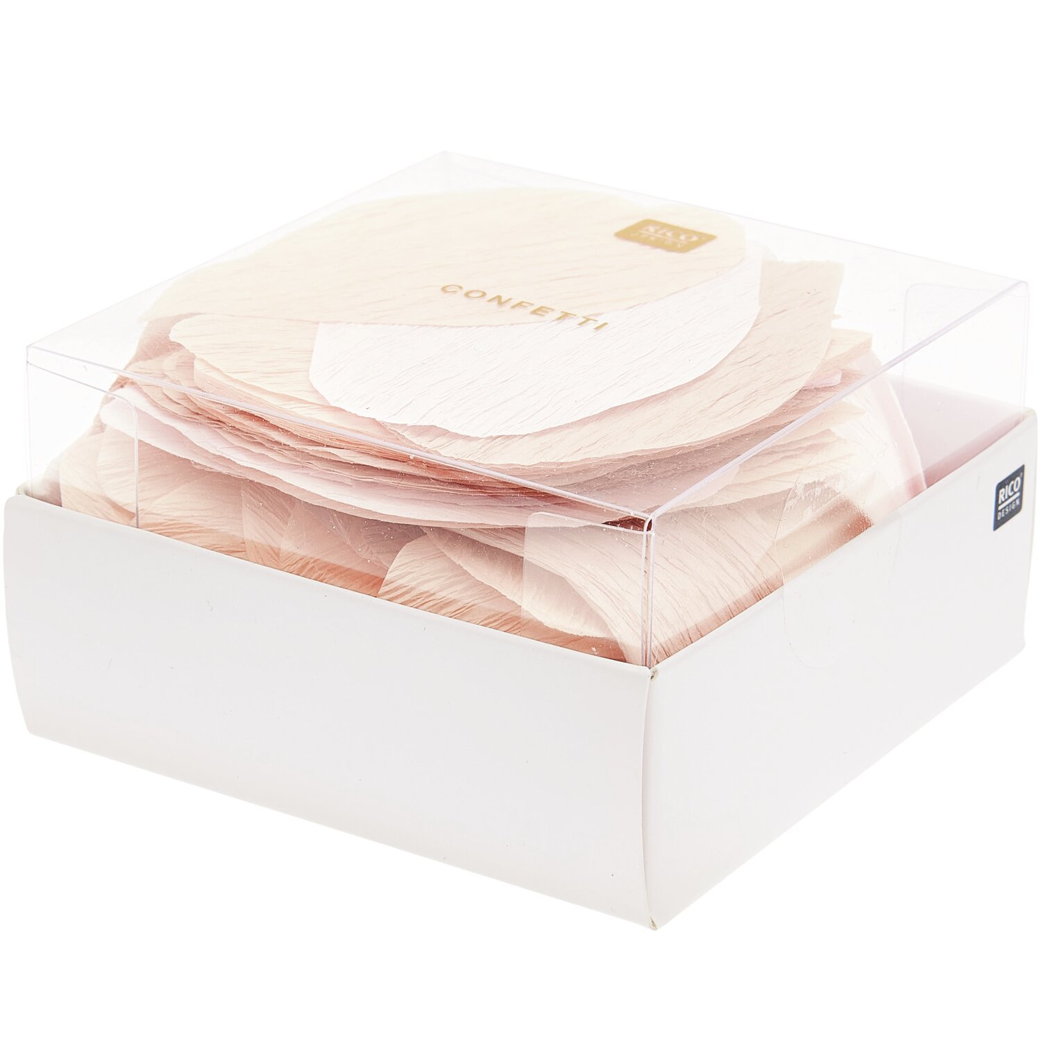 Krepp-Konfetti Rosenblätter groß, 20g, von Rico Design in zartem Rosa, verpackt in einer transparenten Box. Ideal für Dekorationen.